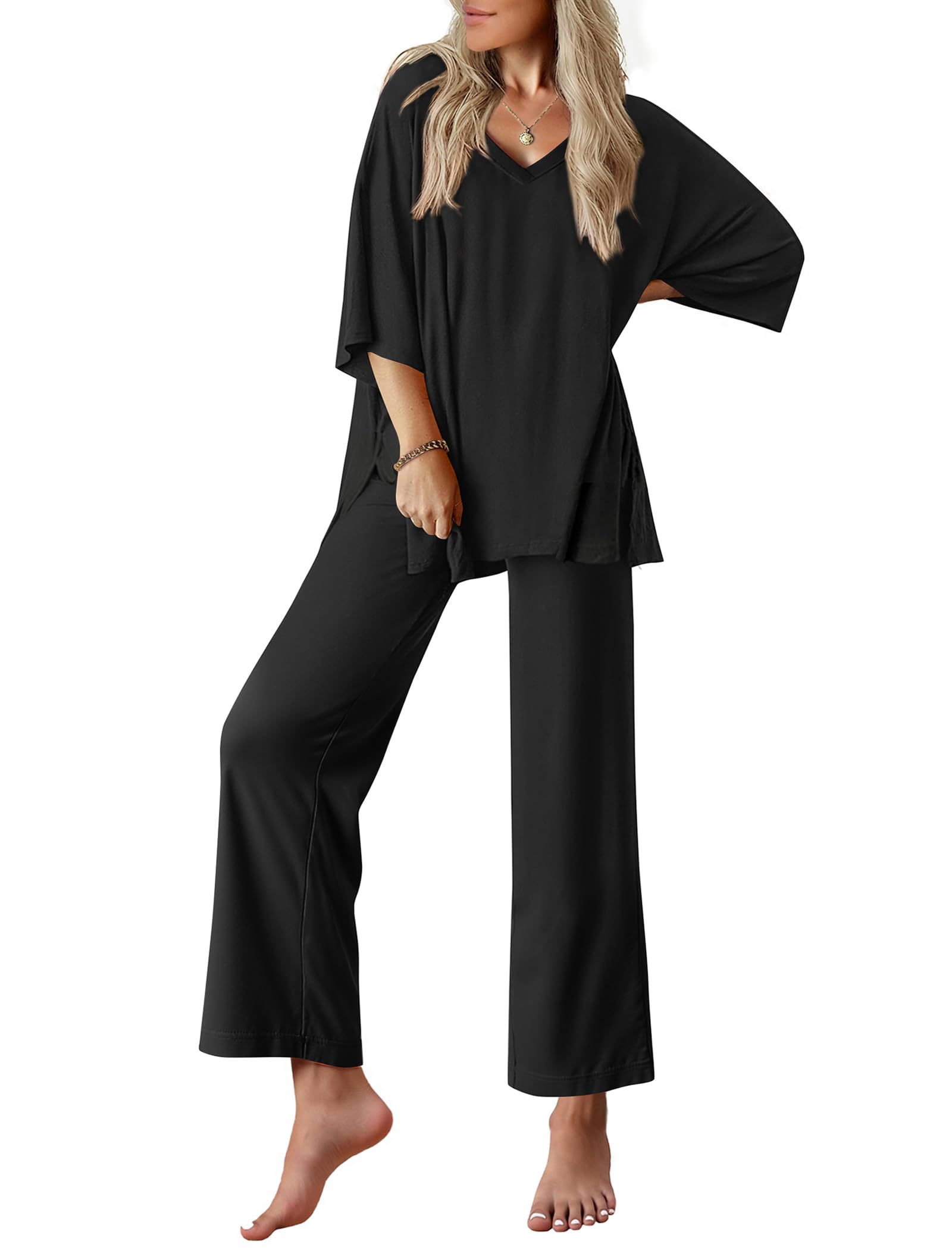 Ekouaer Lounge Sets for Women Short Sleeve Tops and Long Pants Pajamas Set