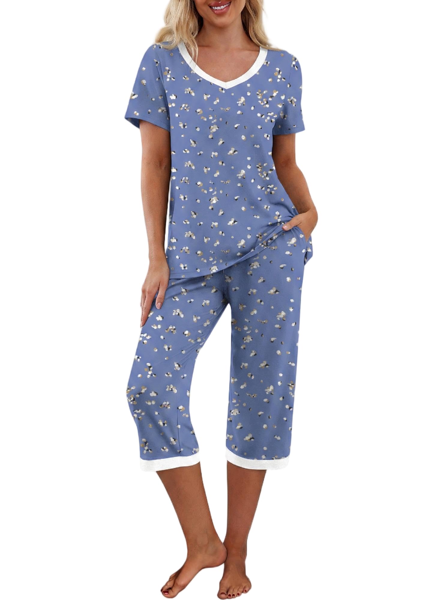 PrinStory Womens Pajama Sets Capri Pjs Soft Lounge Sets S-4XL
