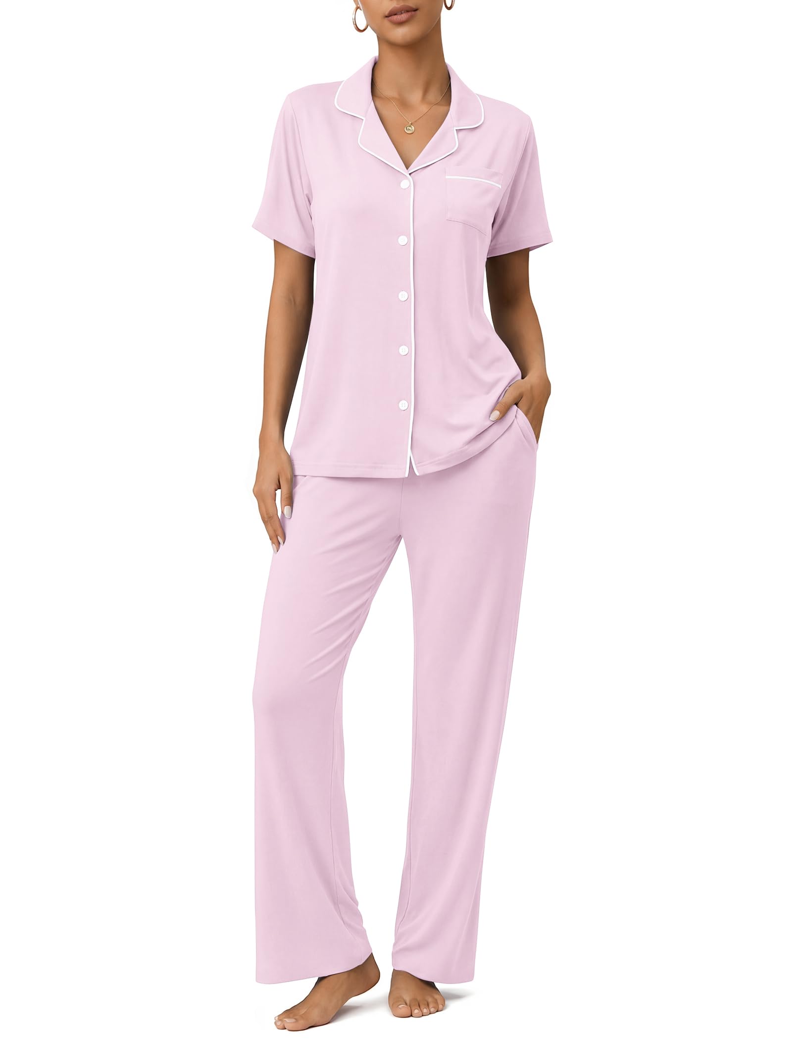 Womens Pajamas Sets 2 Piece Button Up Pj Sets Short Sleeve with Long Pant
