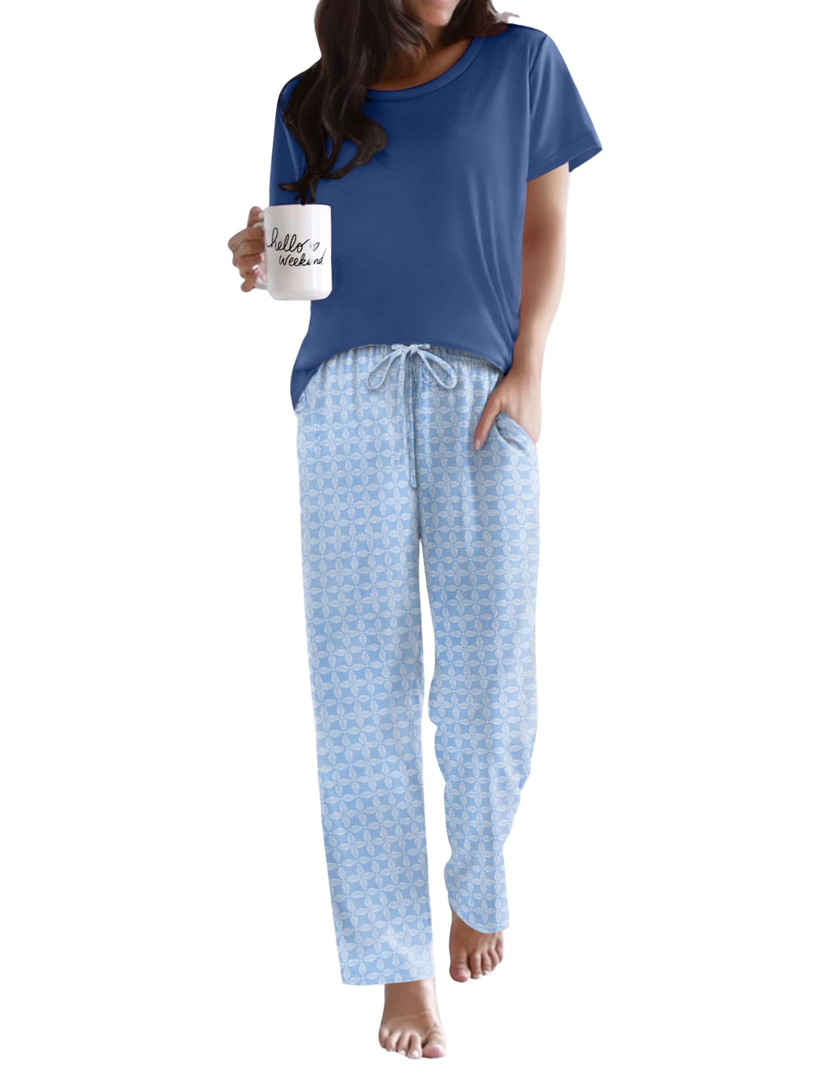 Ekouaer Womens Pajamas Sets Round Neck Pjs Loose Lounge Sets Sleepwear