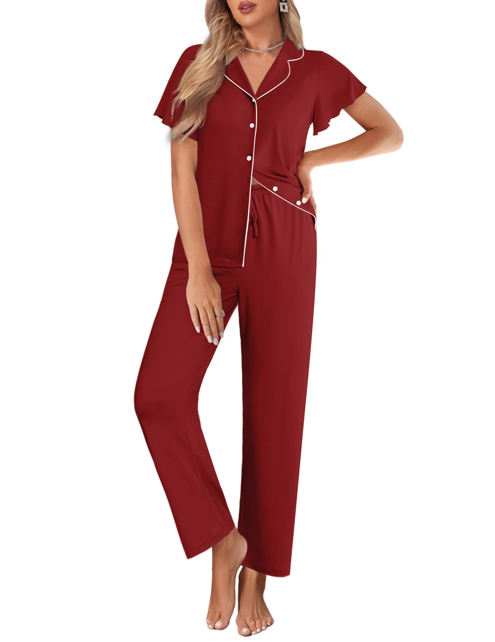 Ekouaer Pajamas for Women Set Ruffle Sleeve Button Up with Long Pants