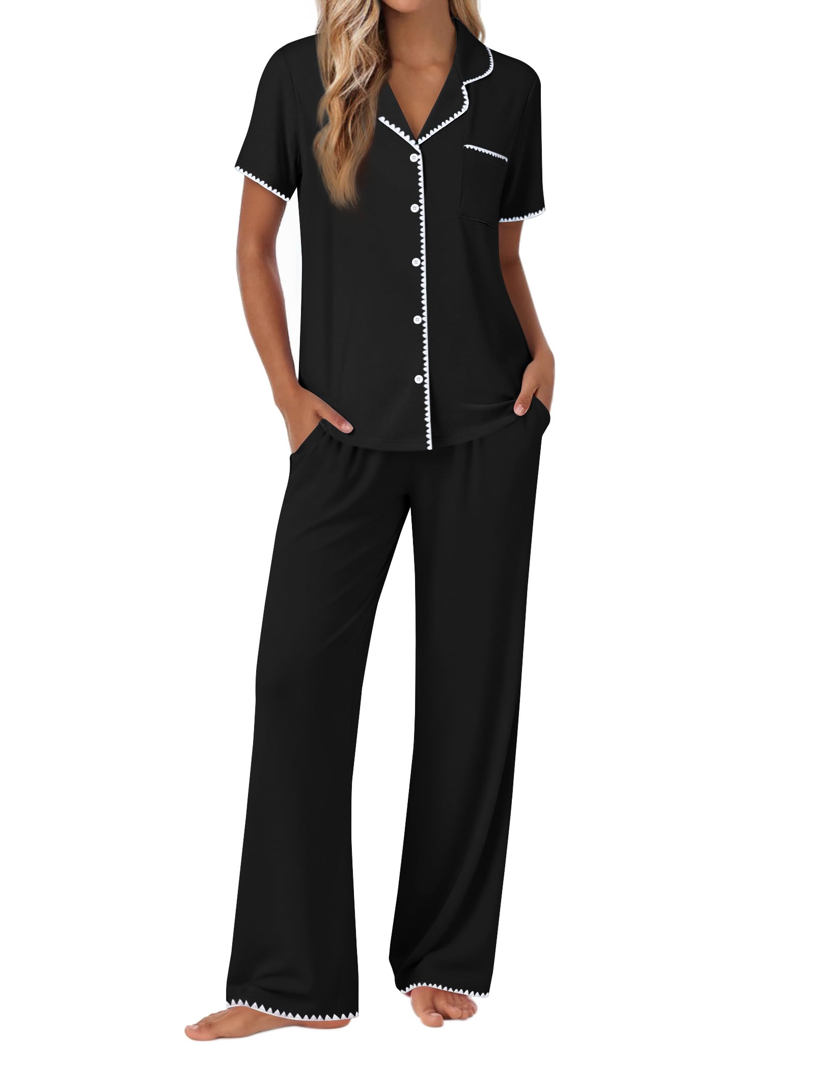 Ekouaer Pajamas for Women Set Button Up Soft Pjs Short Sleeve Lounge Sets