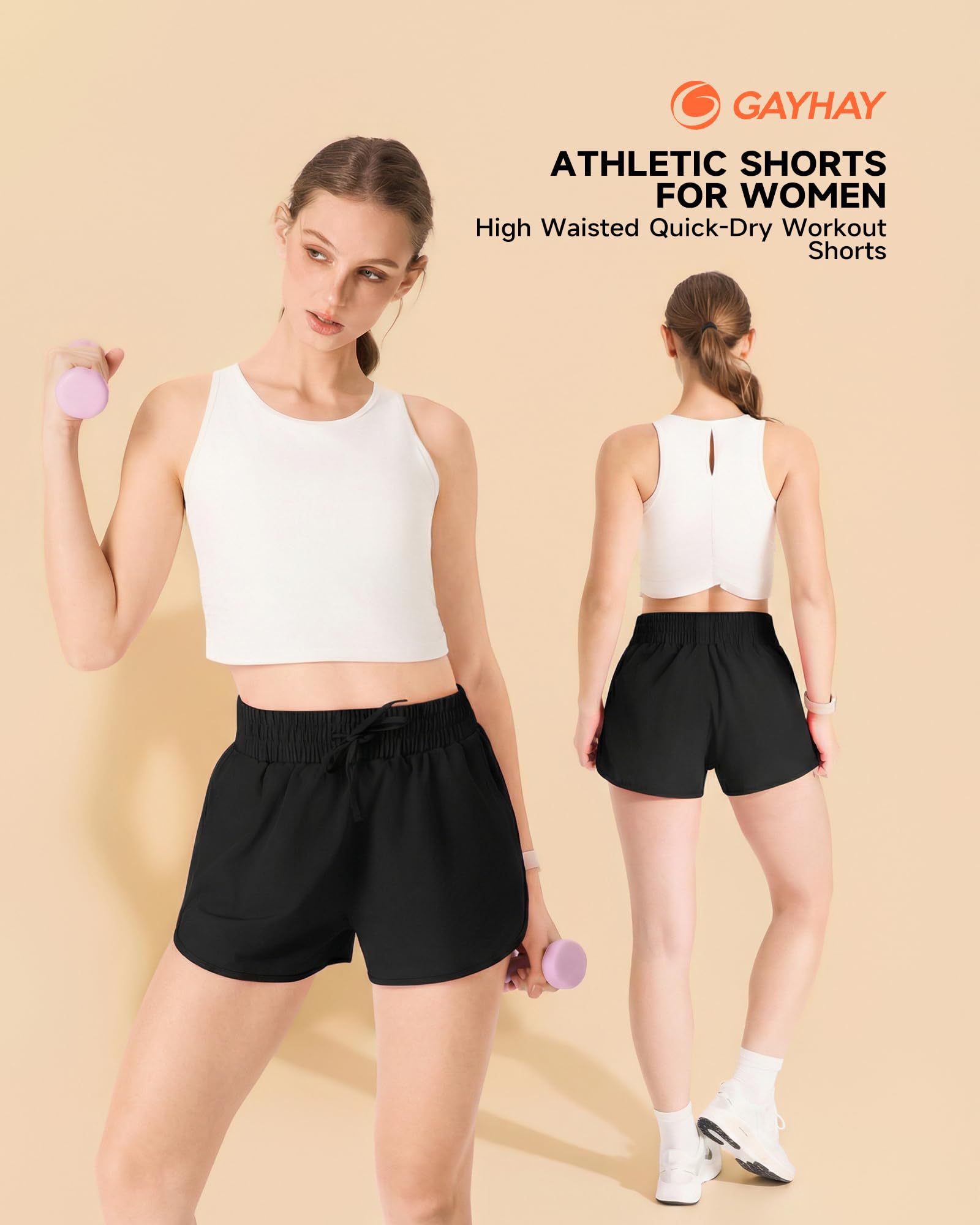 GAYHAY Running Shorts for Women - Athletic Quick Dry Sports Womens Shorts High Waisted Gym Workout Black Shorts with Pockets