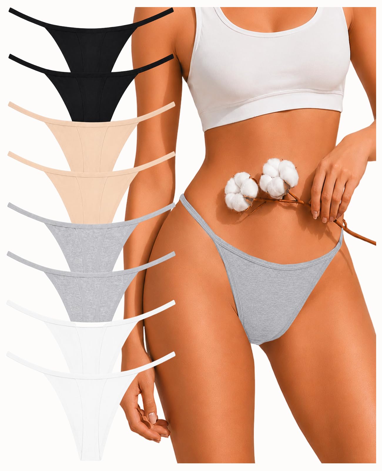 FINETOO 8 Pack Cotton Thongs for Women Sexy G-string Thong Underwear Seamless Low Rise Panties for Ladies Lingerie XS-XXL