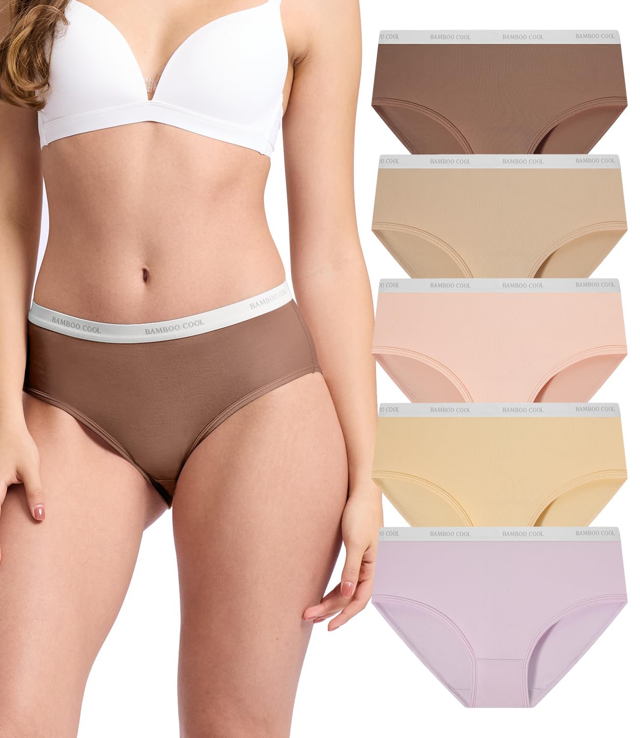 BAMBOO COOL Womens Underwear, Moisture-Wicking Briefs, Soft and Breathable Panties, Mid Waist, 5-Pack