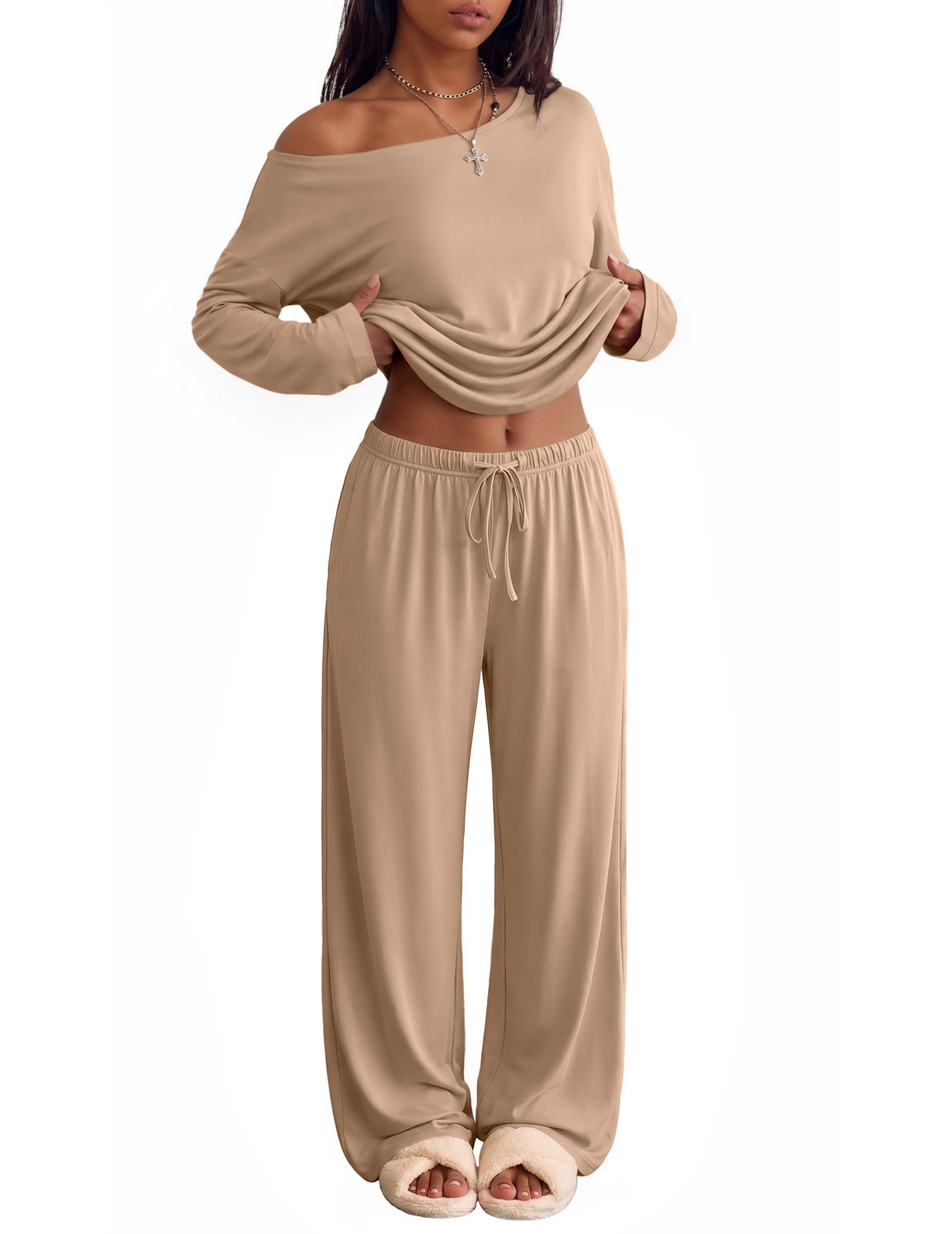 Ekouaer Womens Pajama Sets Off Shoulder Lounge Set 2 Piece Long Sleeve PJs