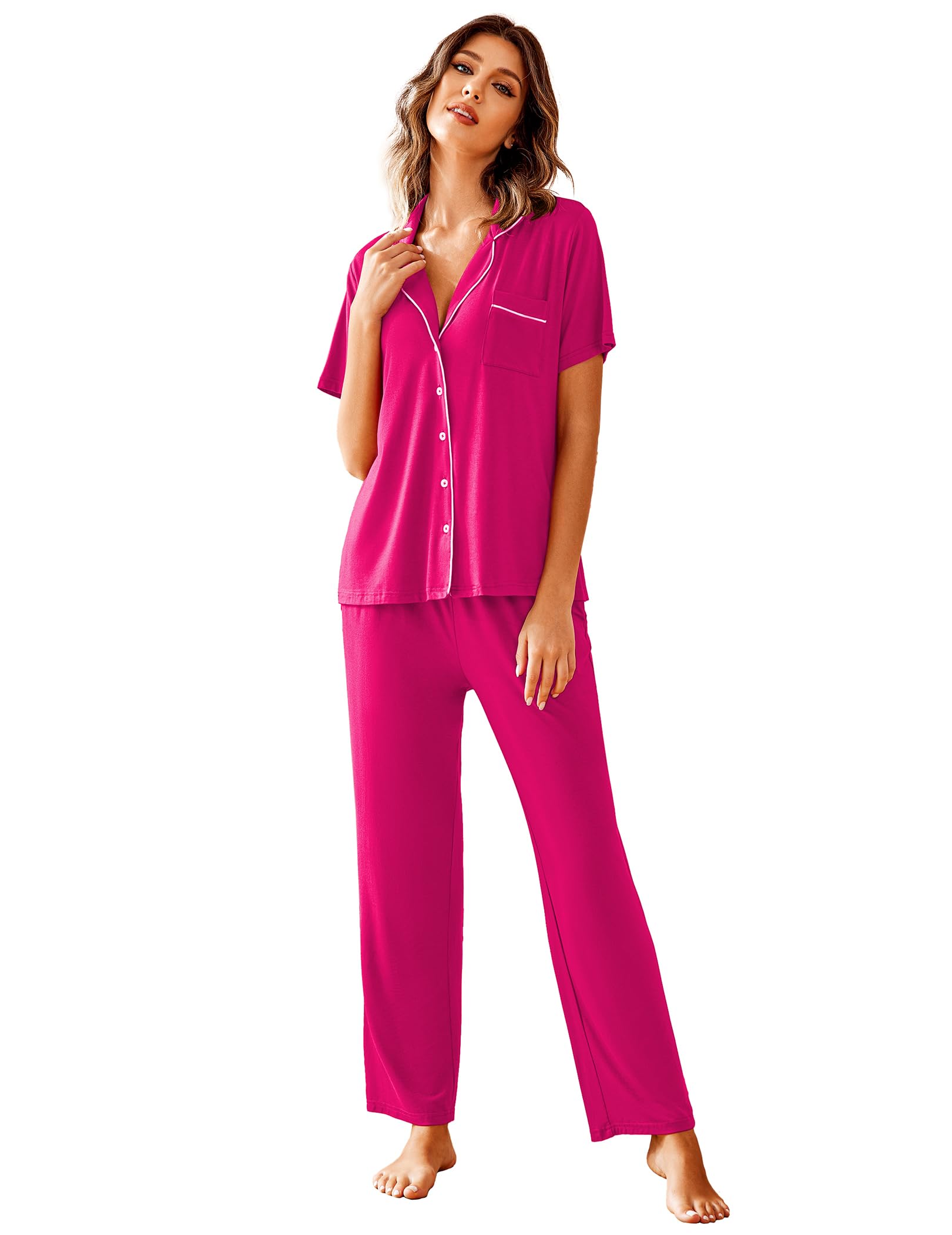 Avidlove Women Pajamas Set Notch Collar Soft Sleepwear Pjs Short Sleeve Button Down Nightwear with Long Pants