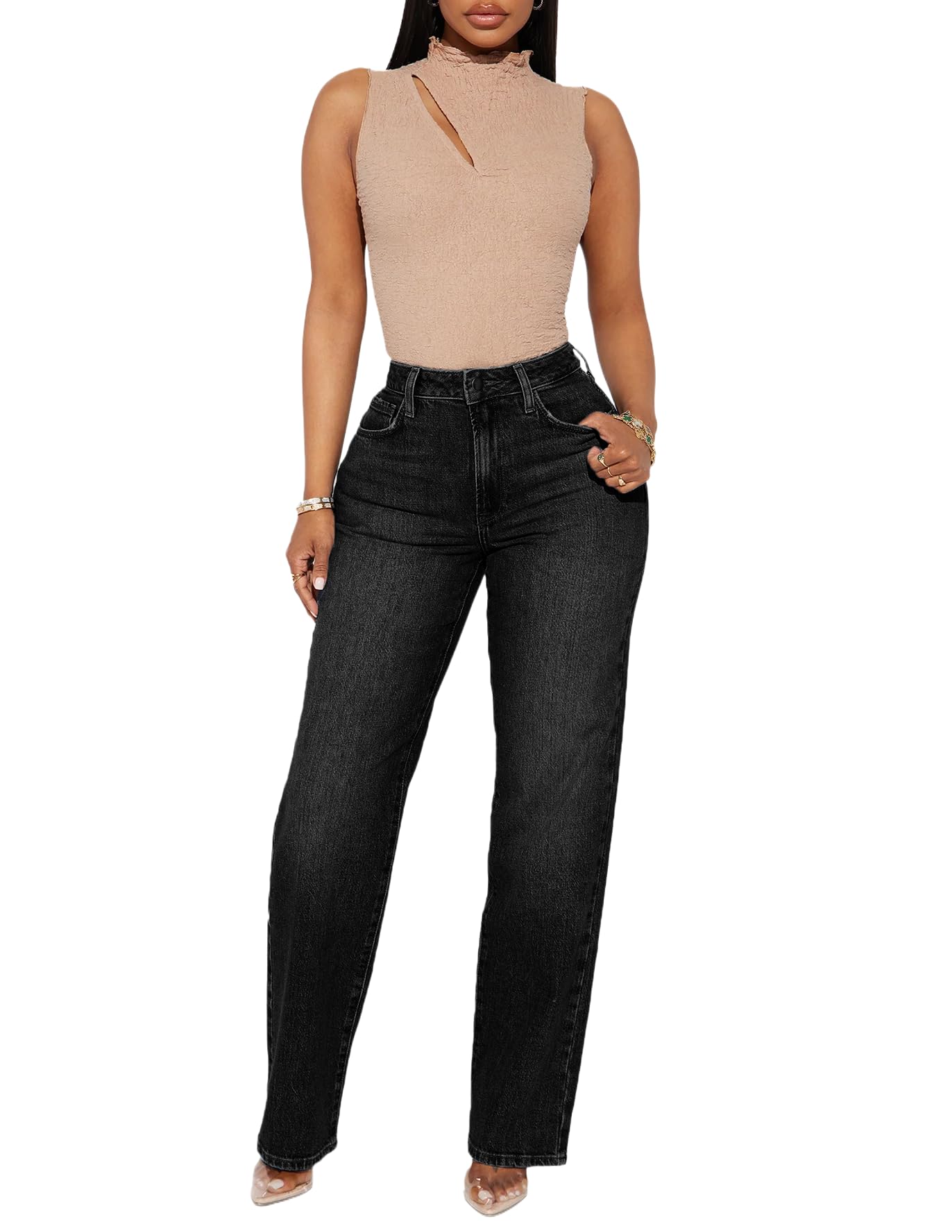 BessCops Straight Leg Jeans for Women High Waisted Wide Leg Stretchy Loose Denim Pants