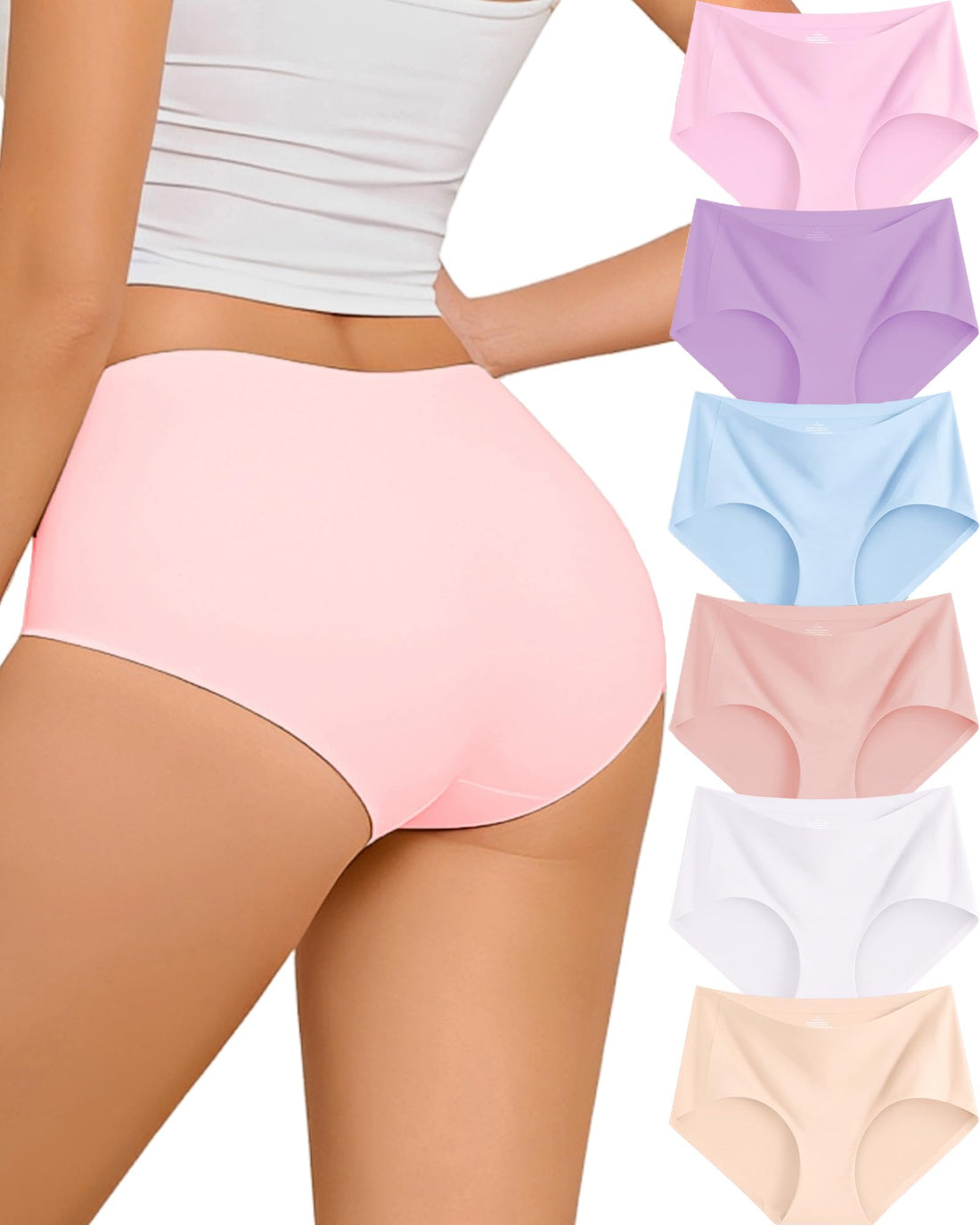 FINETOO 6 Pack Womens Seamless Underwear Full Coverage No Show Hipster Panties Sexy Stretchy Invisible Briefs Bikini Lingerie