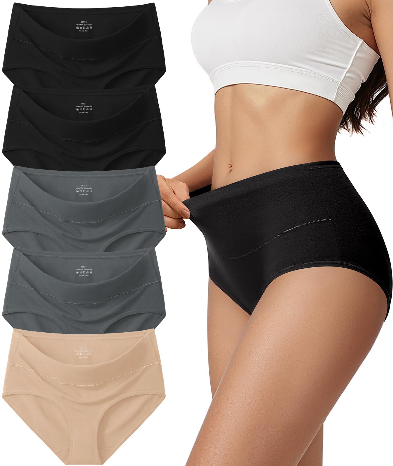 Vevmon Cotton Underwear for Women High Waisted Full Coverage Briefs Soft Ladies Panties 5 Pack