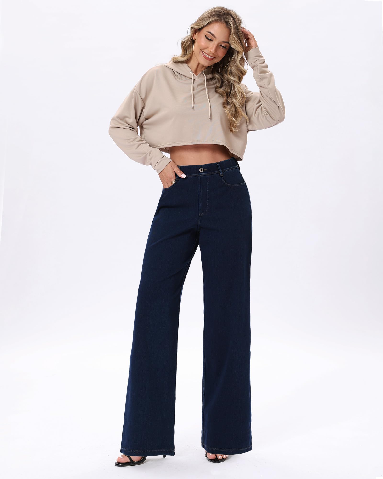 Pull On Jeans for Women Wide Leg High Waisted Stretch Baggy Jeans Casual Trendy Straight Denim Pants (with Plus Size)