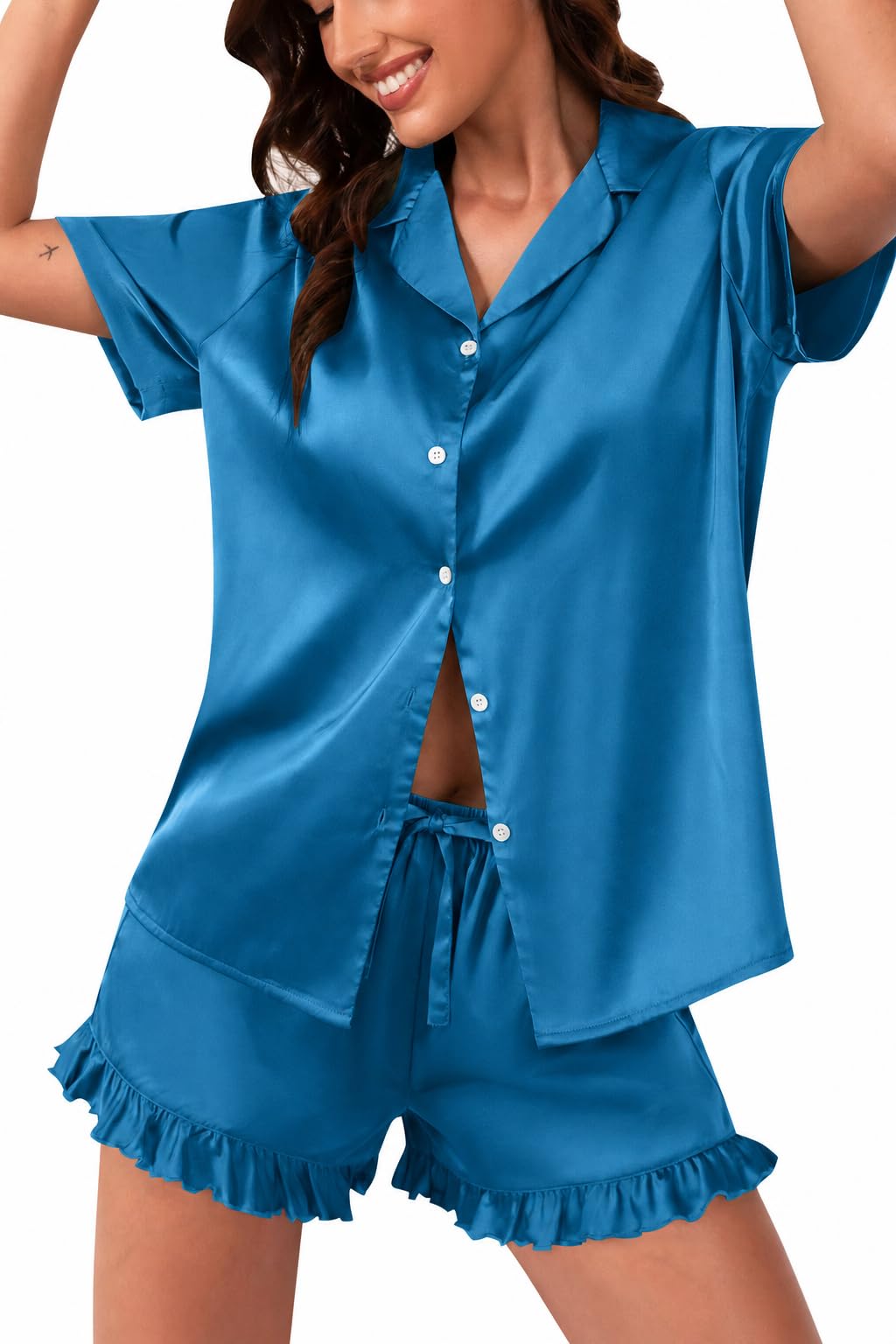 Women‘s Satin Pajamas Set, Silky Soft Short Sleeve Sleepwear, Button Down Pj Set for Home, Vacation, Bridal Party