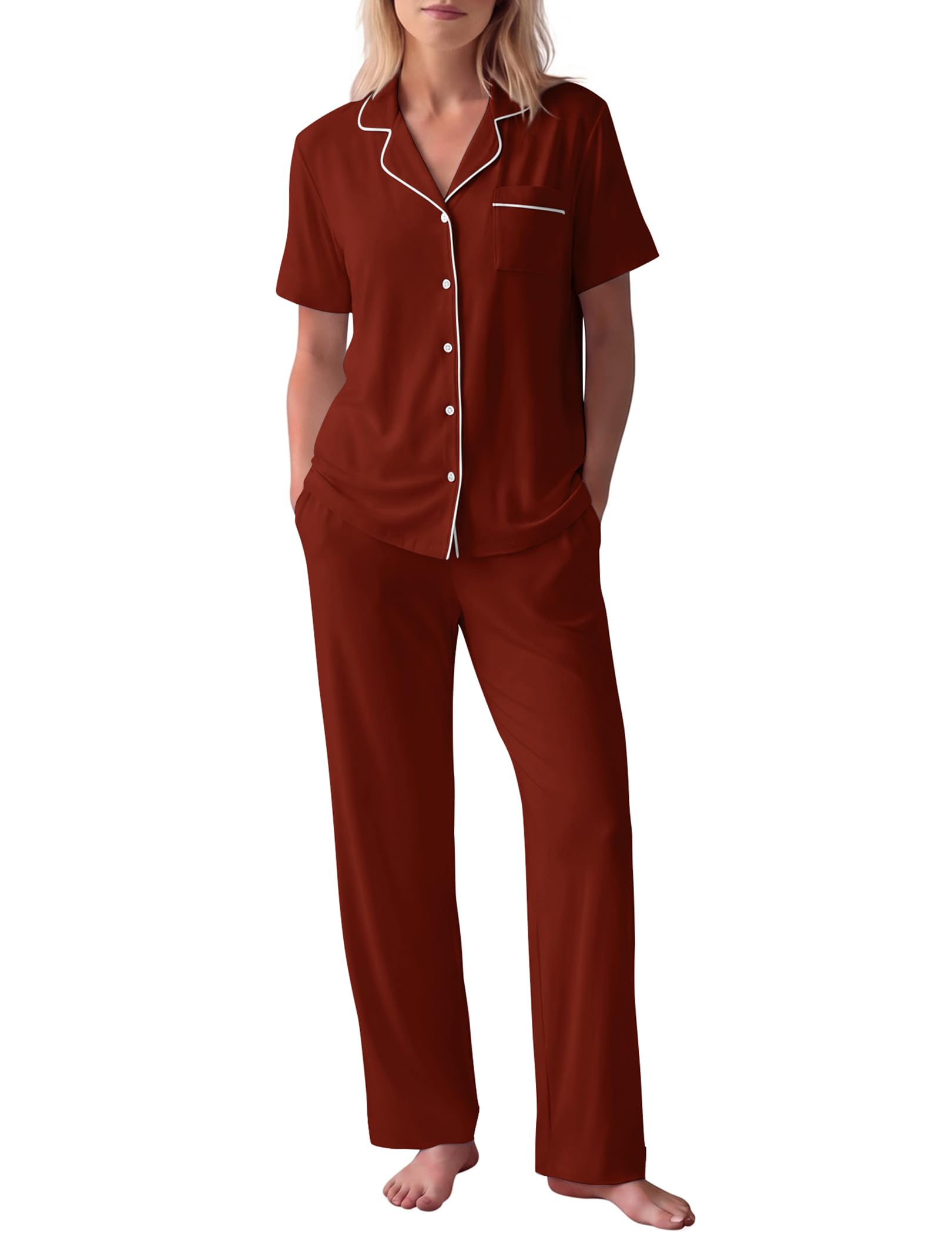 HNG Women Pajamas Set 2 Piece Button Up Pajamas Pant and Short Sleeve Shirt for Woman Pj Sets with Pocket