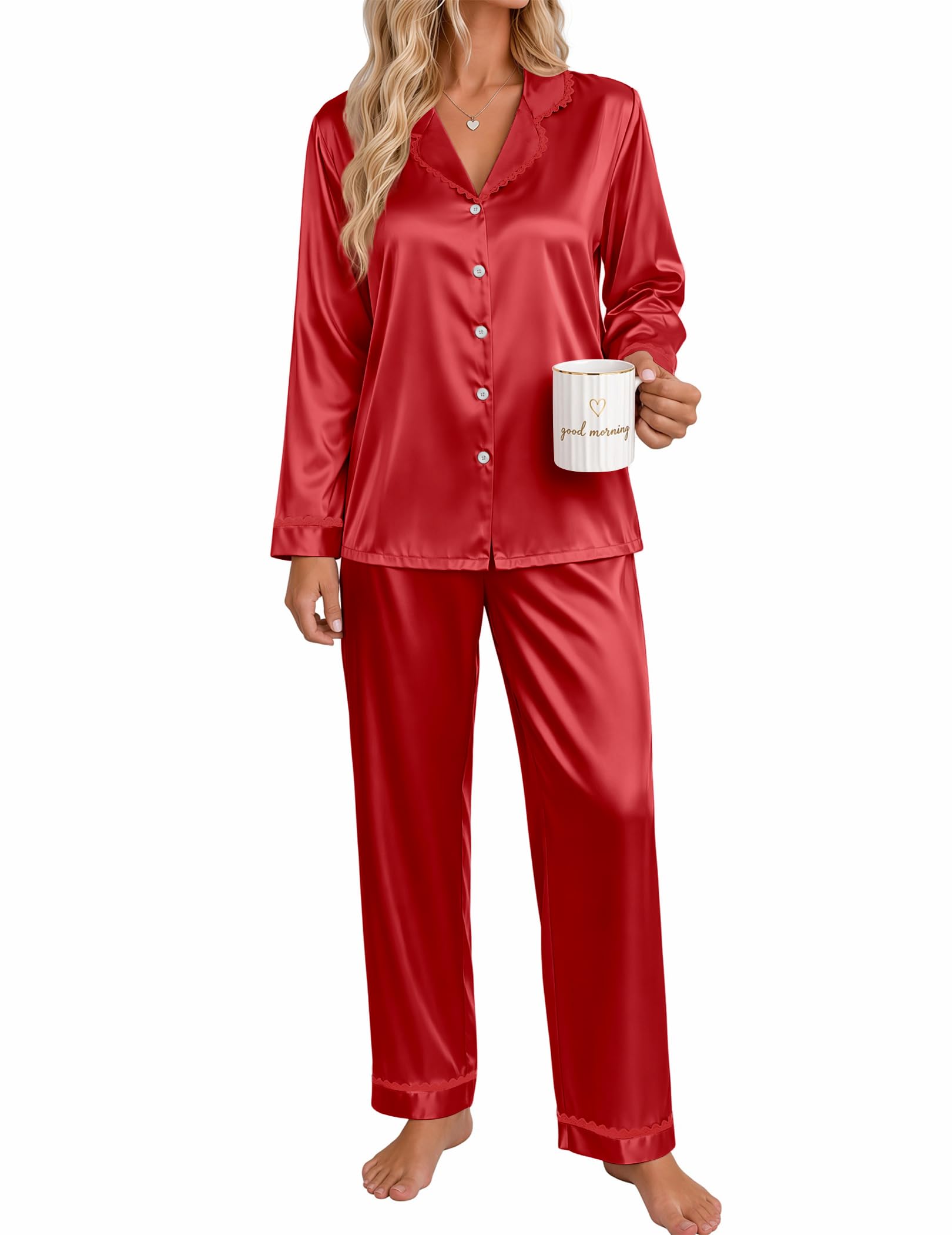 Ekouaer Satin Pajamas for Women Set 2 Piece Silk Pjs Long Sleeve Lounge Set