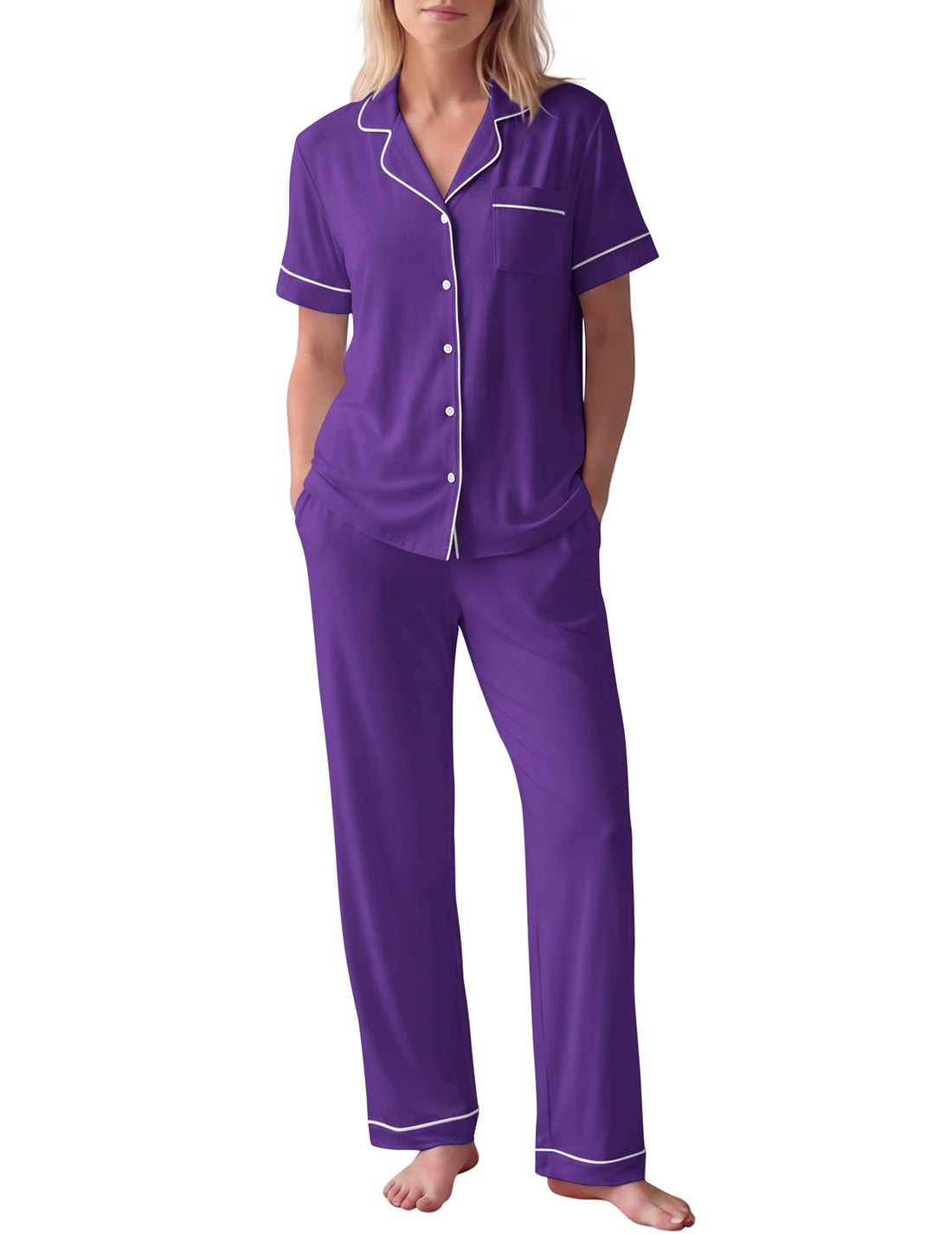HNG Women Pajamas Set 2 Piece Button Up Pajamas Pant and Short Sleeve Shirt for Woman Pj Sets with Pocket