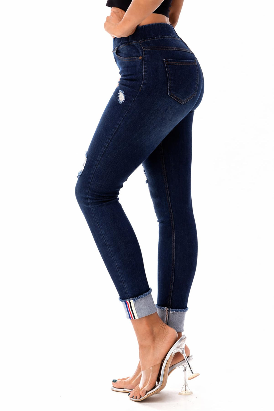 Jvini Women’s Stretch Denim Pull On Jeans with Pockets – Ripped Distressed Elastic Waist Jeggings Skinny Denim Pants