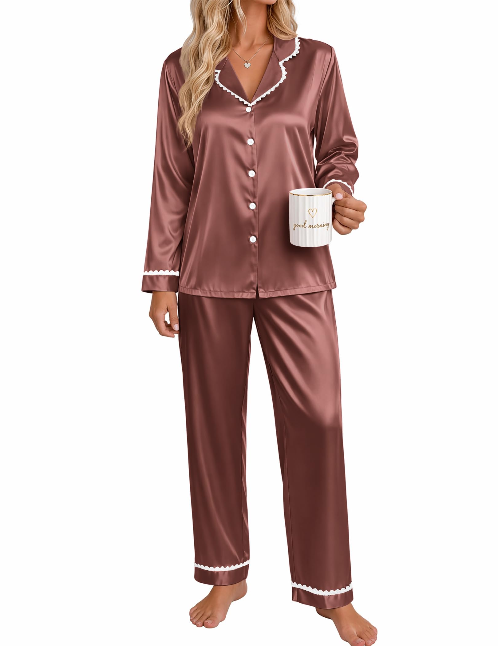 Ekouaer Satin Pajamas for Women Set 2 Piece Silk Pjs Long Sleeve Lounge Set