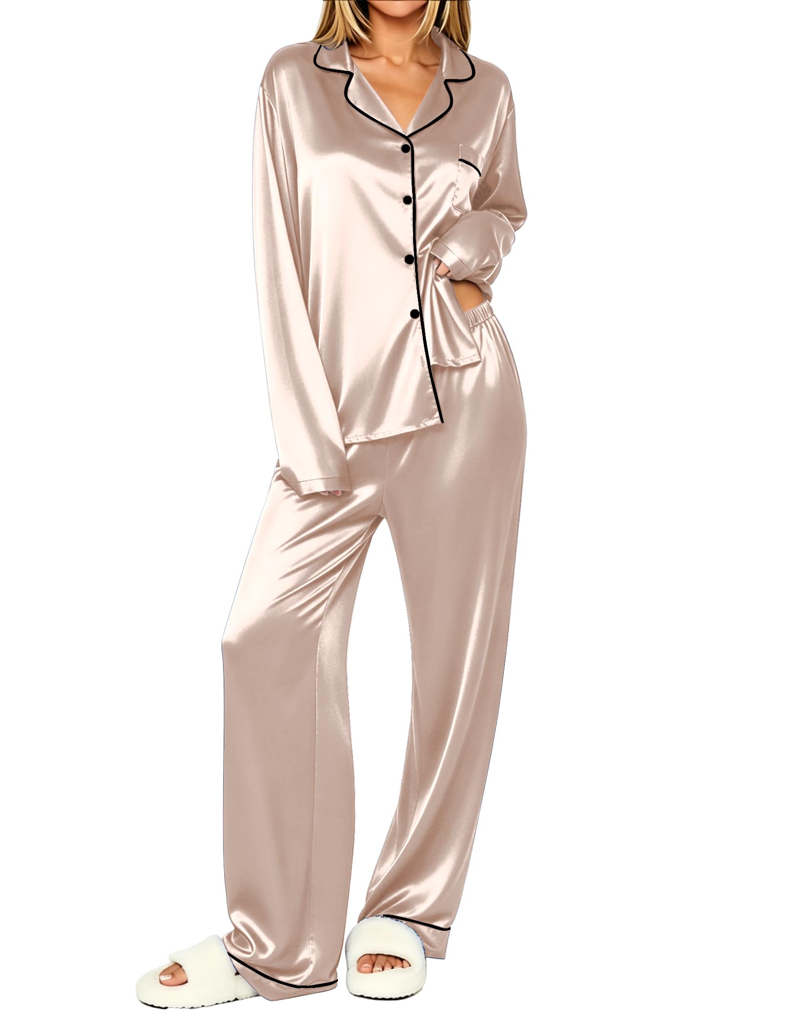 Ekouaer Womens Pajamas Silk Satin Long Sleeve Button Down Pjs Lounge Set