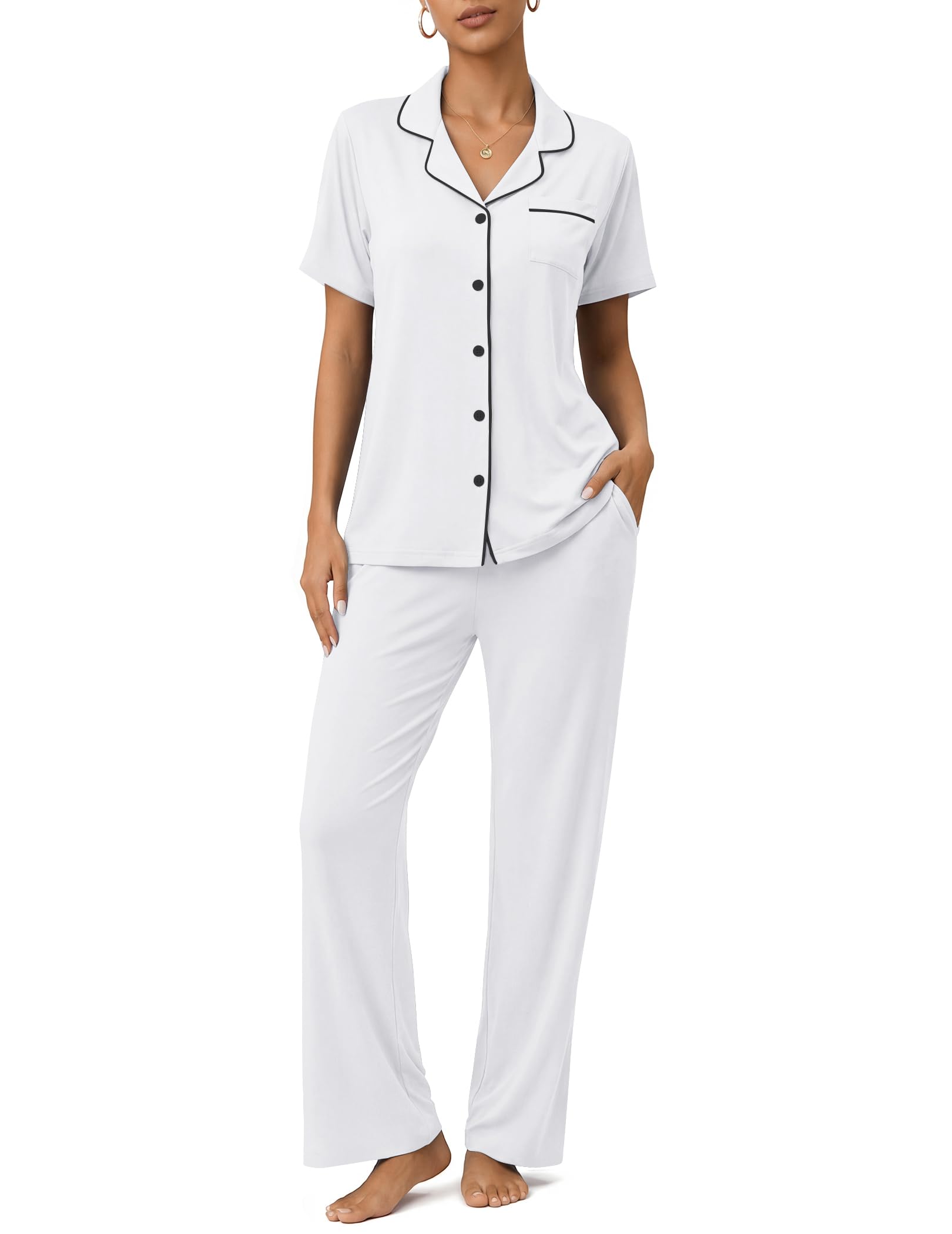 Womens Pajamas Sets 2 Piece Button Up Pj Sets Short Sleeve with Long Pant
