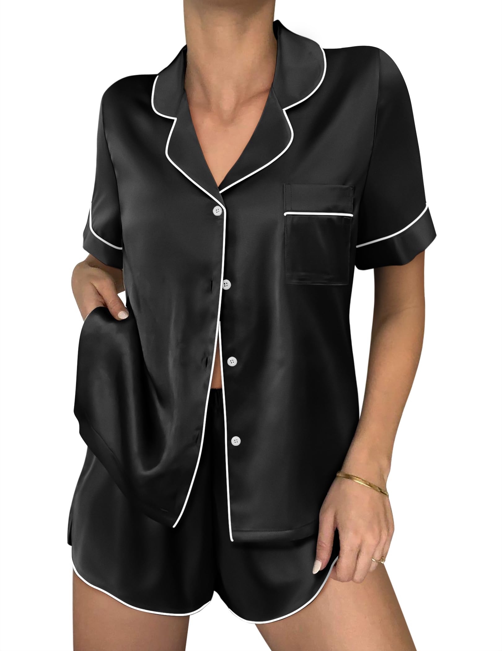 Ekouaer Women Satin Pajama Sets Cute Print Silk Pjs Shorts Sets S-4XL