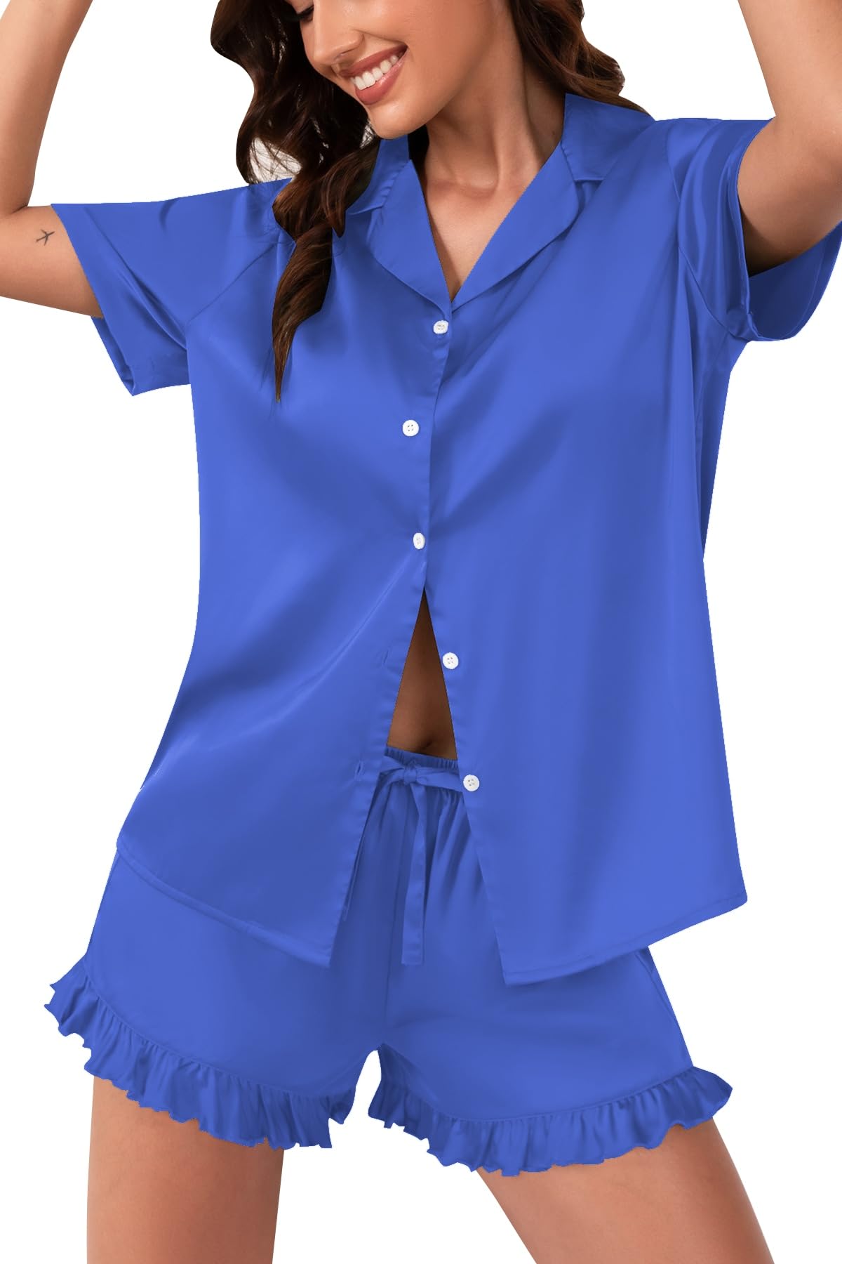 Women‘s Satin Pajamas Set, Silky Soft Short Sleeve Sleepwear, Button Down Pj Set for Home, Vacation, Bridal Party