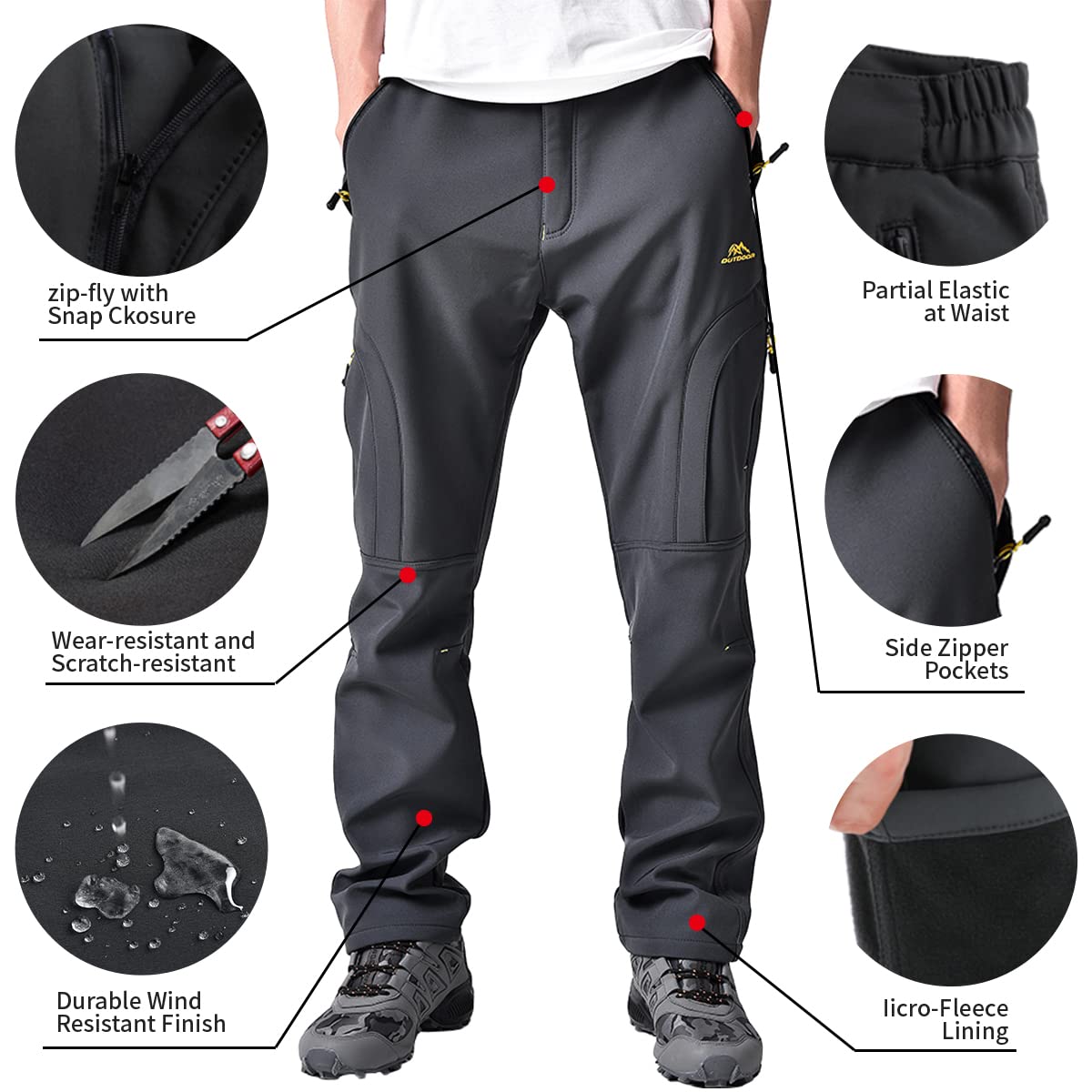 Toomett Men's hiking Snow Pants Skiing Winter Insulated Fleece lined Outdoor Water Repellent camping,walking,fishing