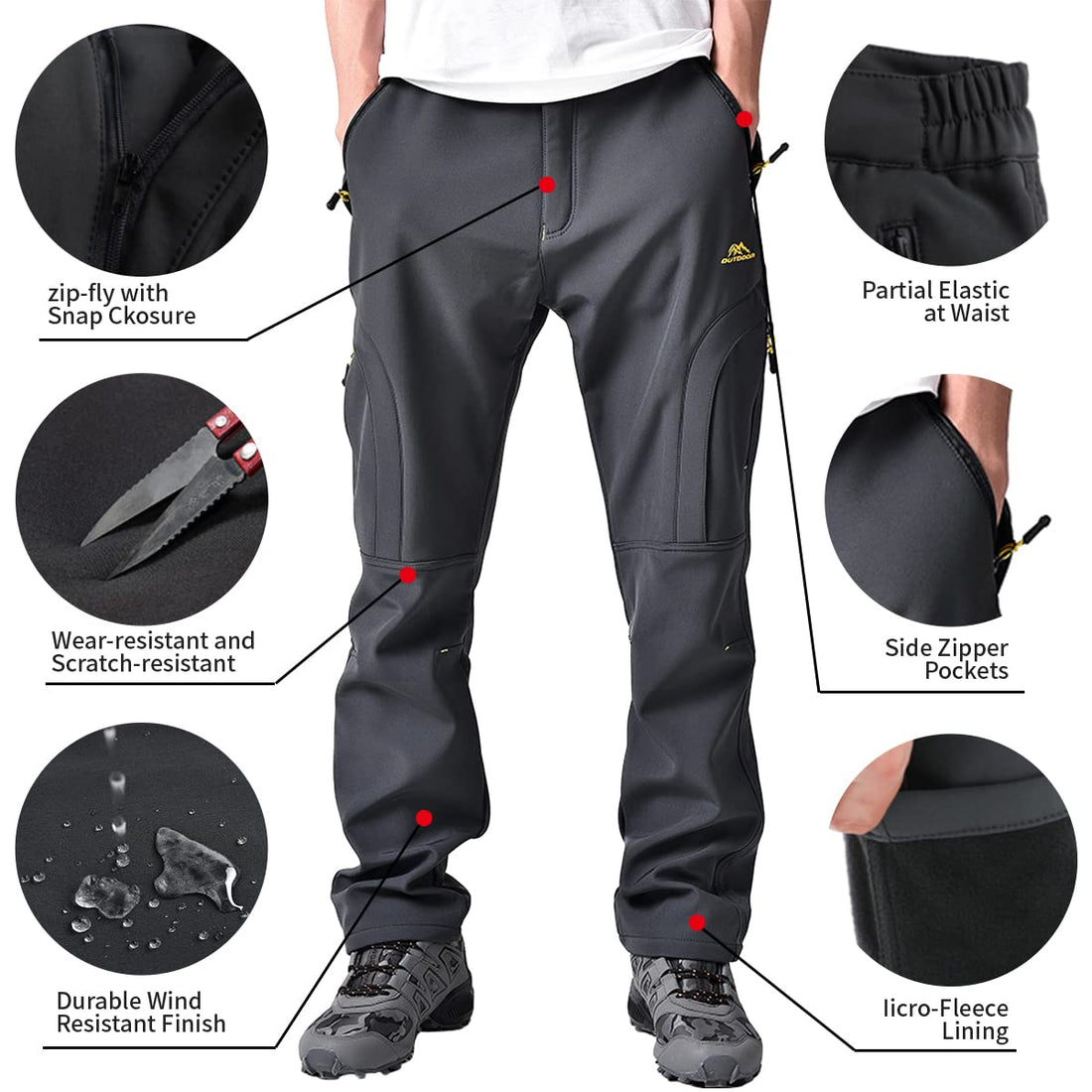 Toomett Men's hiking Snow Pants Skiing Winter Insulated Fleece lined Outdoor Water Repellent camping,walking,fishing