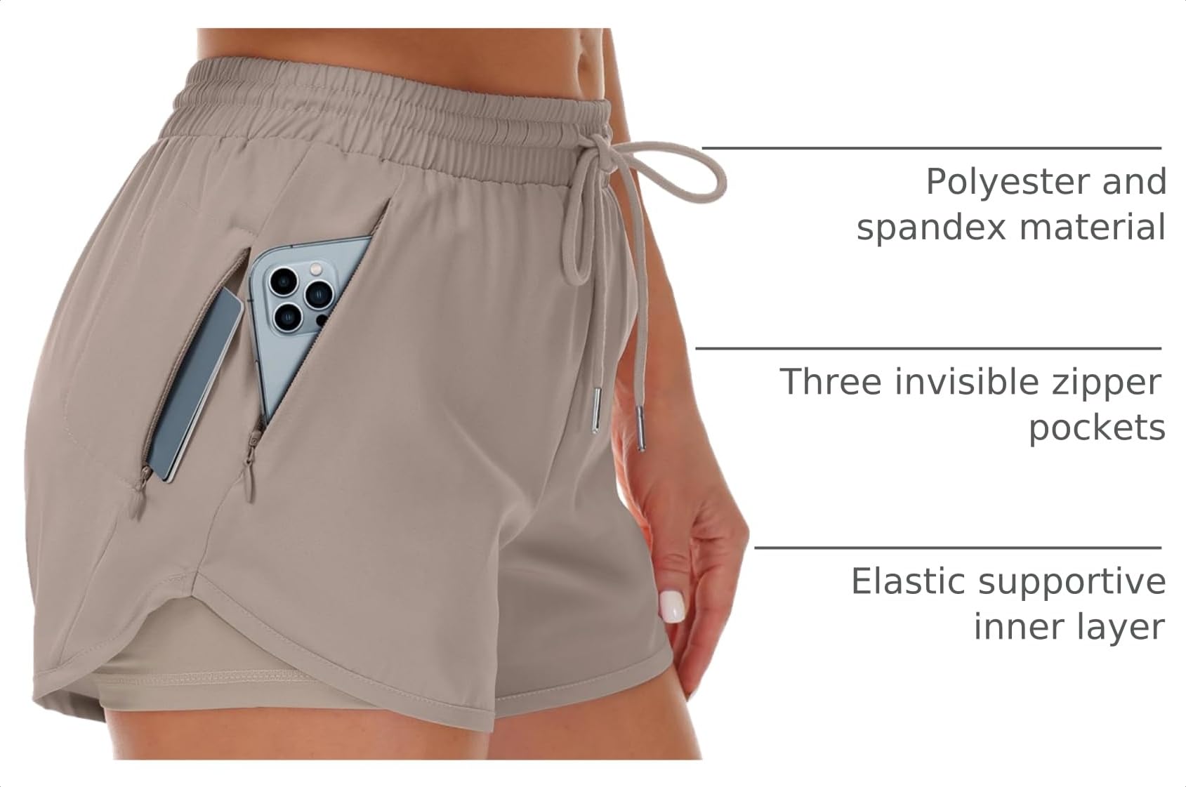 Mancreda Women's Running Shorts with Liner 3 Zipper Pockets Elastic Workout Athletic Gym Yoga Shorts