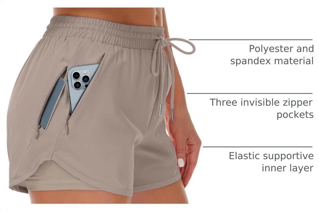 Mancreda Women's Running Shorts with Liner 3 Zipper Pockets Elastic Workout Athletic Gym Yoga Shorts