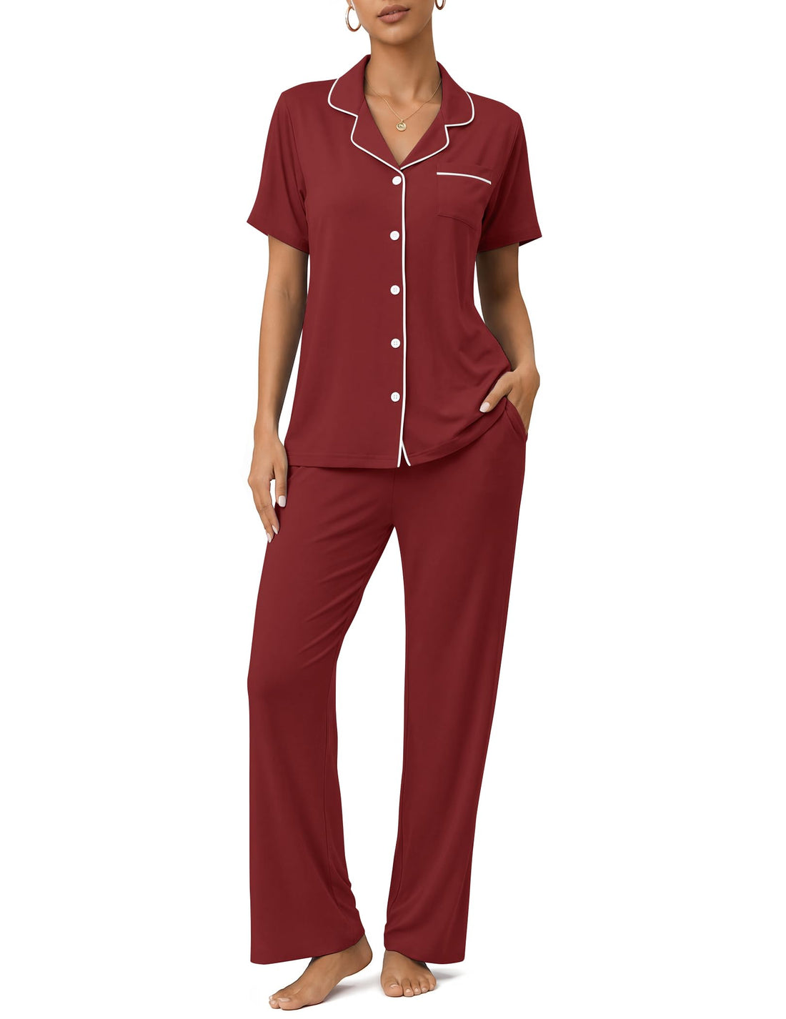 Womens Pajamas Sets 2 Piece Button Up Pj Sets Short Sleeve with Long Pant