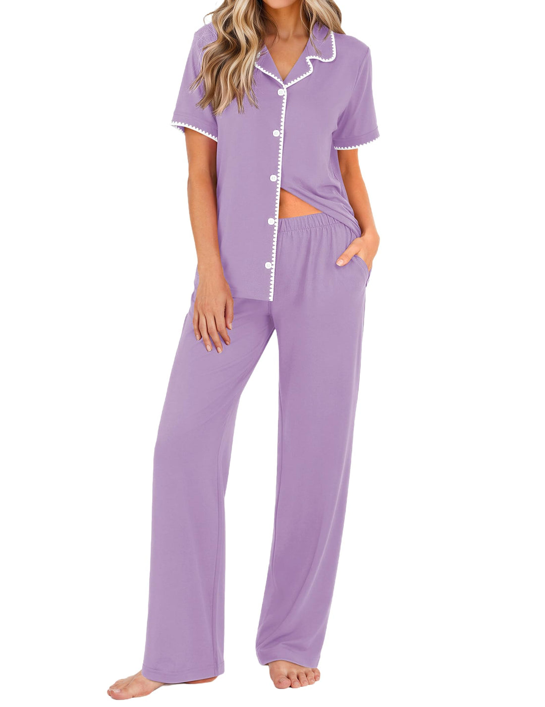 Ekouaer Womens Pajamas Set Button Down Loungewear Short Sleeve Pants Pjs