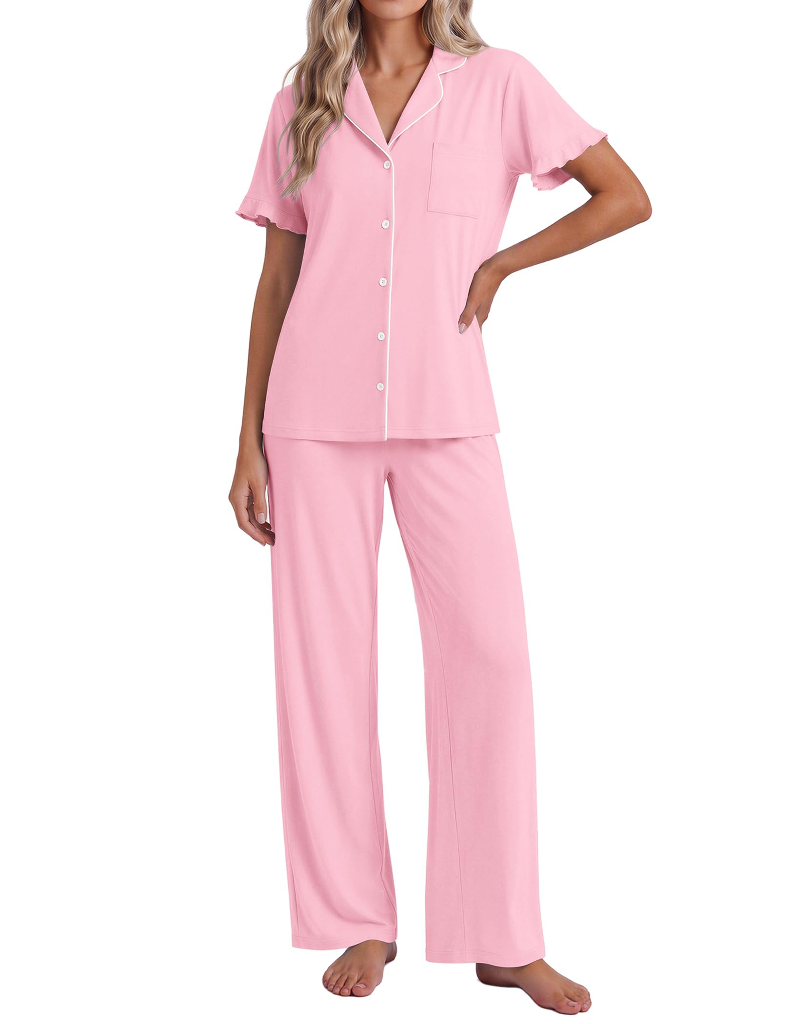 Ekouaer Pajamas for Women Set Button Up Soft Pjs Short Sleeve Lounge Sets