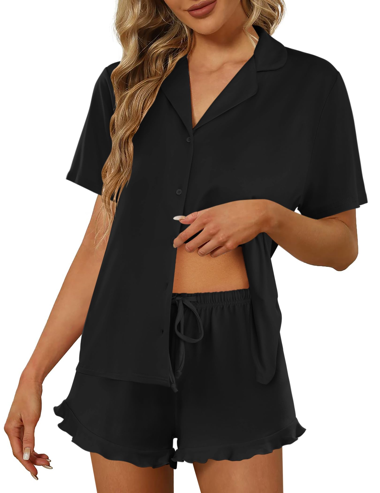 Ekouaer Pajamas Set for Women Short Sleeve Sleepwear Button Down Ruffle Pjs