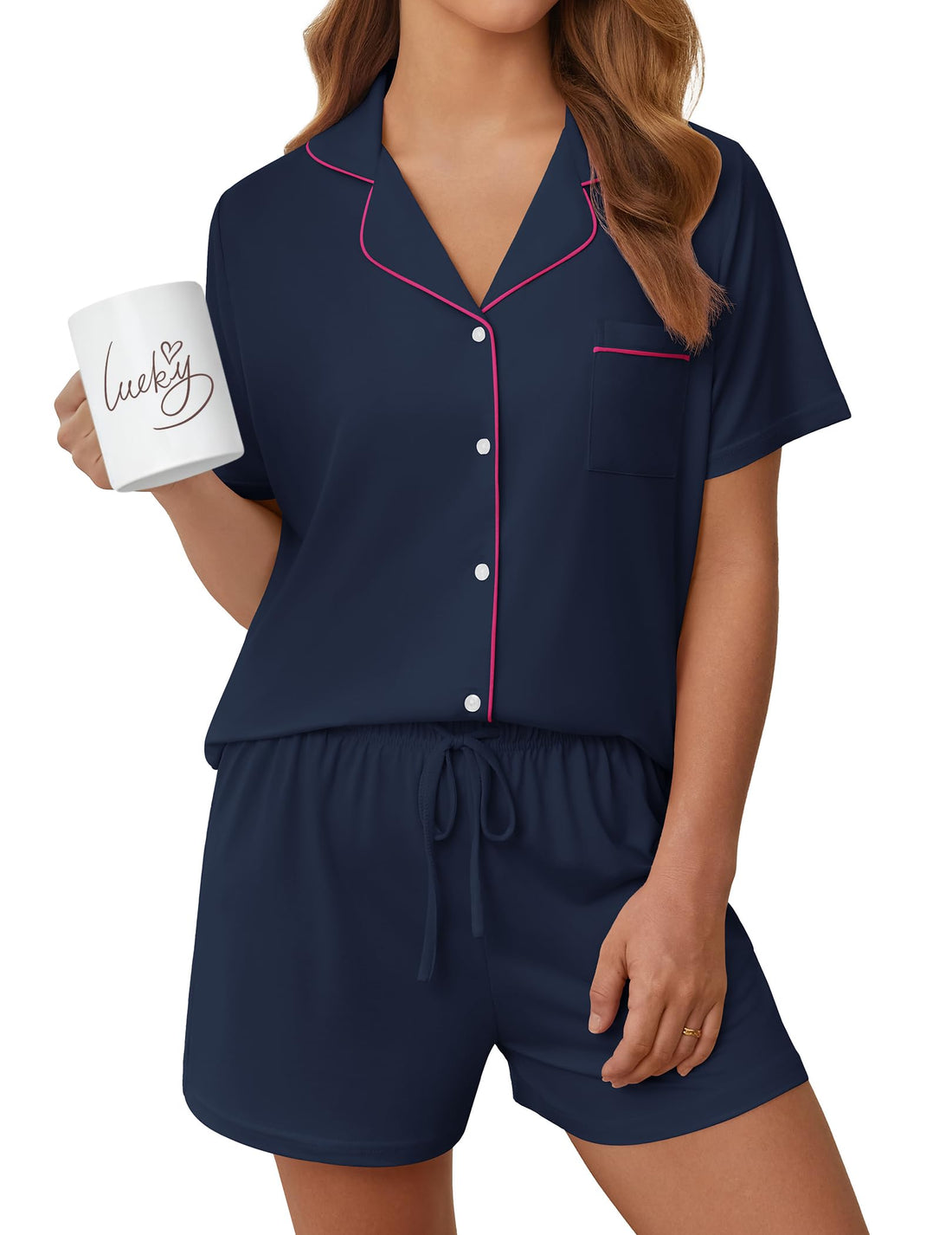 Womens Pajama Sets Summer Pjs Short Sleeve Button Down Top and Shorts Bride Sleepwear 2 Piece Comfy Lounge Set S-XXL