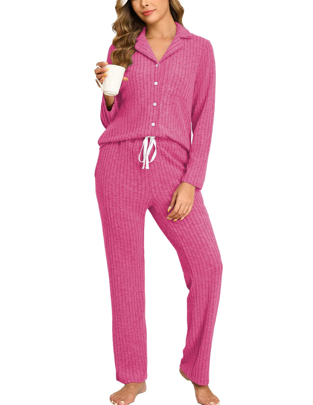 Veseacky Women's Ribbed Knit Pajamas Set 2 Piece Warm Soft Loungewear Sleepwear Pjs S-XXL