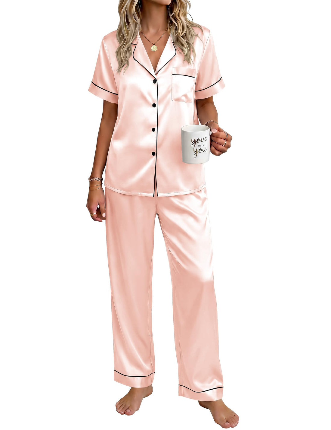 Ekouaer Womens Satin Pajama Set Silky Short Sleeve Button Down Pj Set