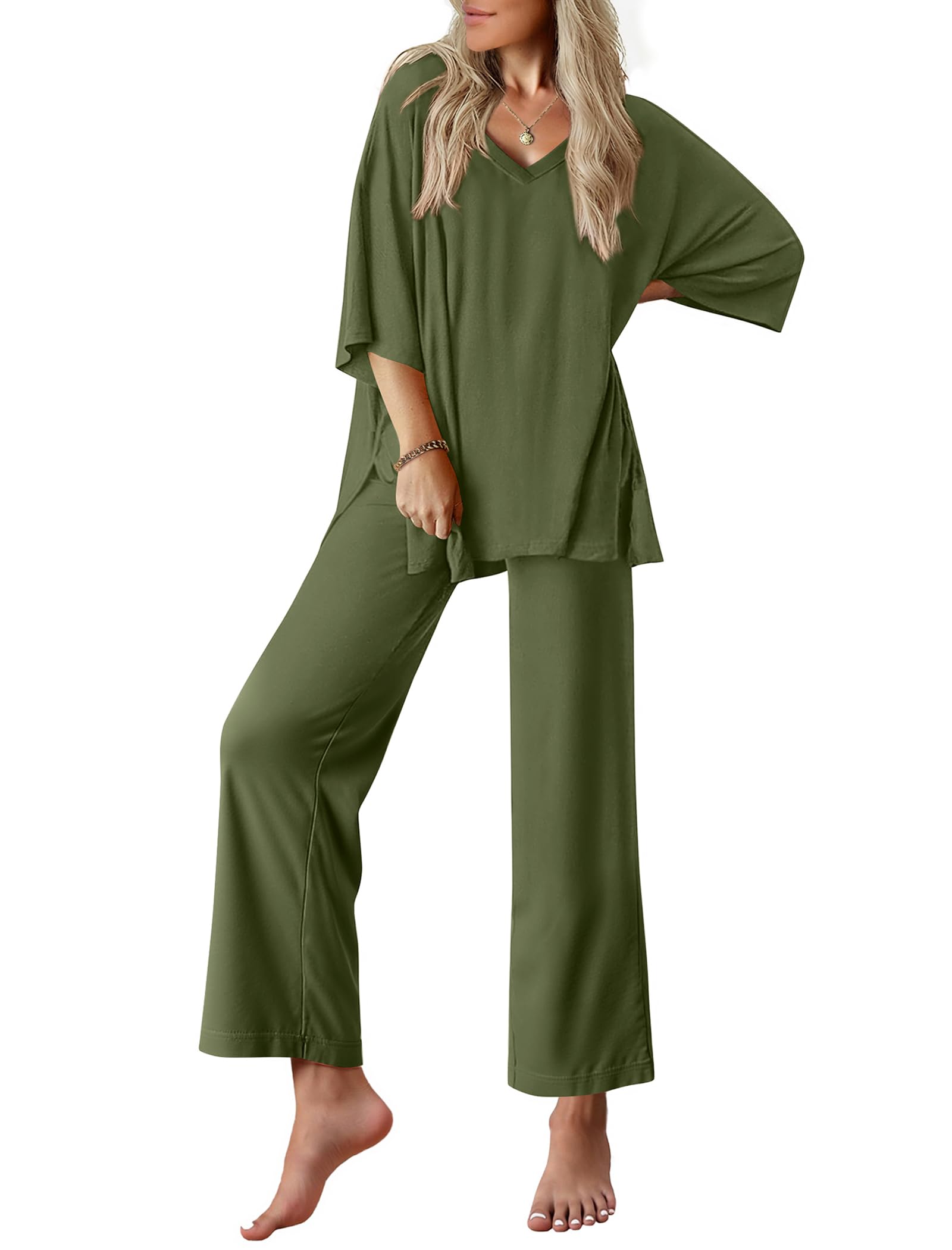 Ekouaer Lounge Sets for Women Short Sleeve Tops and Long Pants Pajamas Set