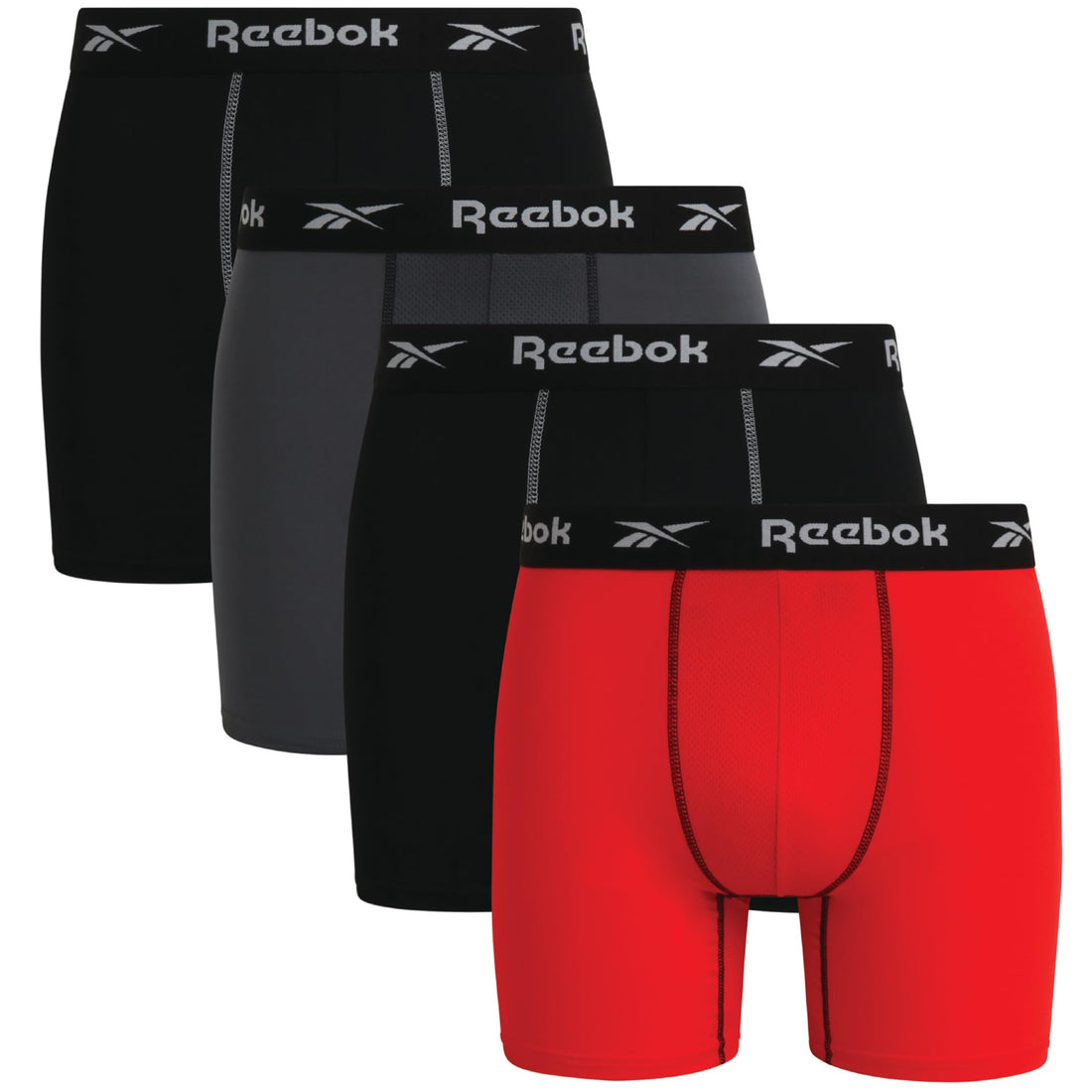 Reebok Mens Boxer Briefs - 4 Pack Underwear with Contour Pouch, 6'' Inseam | Athletic Stretch Performance Moisture-Wicking Fabric, No Fly Pouch, Tag-Free Waistband