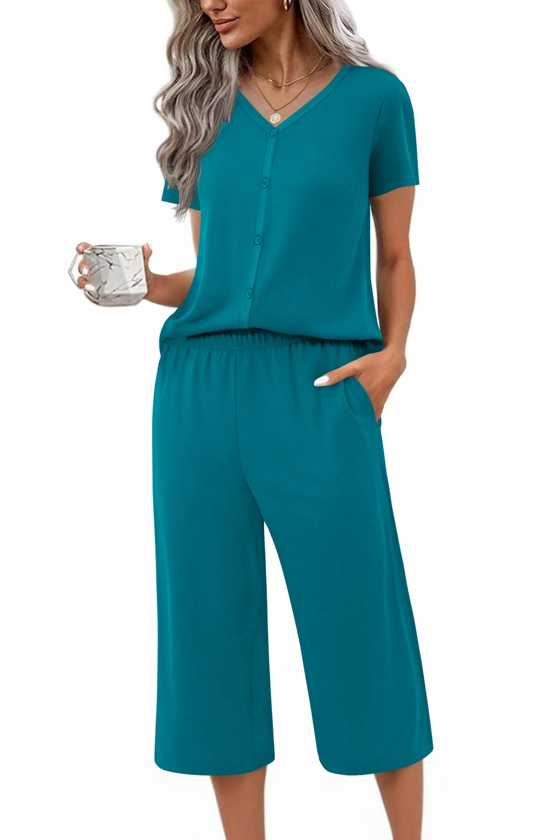 Ekouaer Women's Pajama Sets Short Sleeve Sleepwear Button Up Pj Loungewear Top and Capri Pants with Pockets