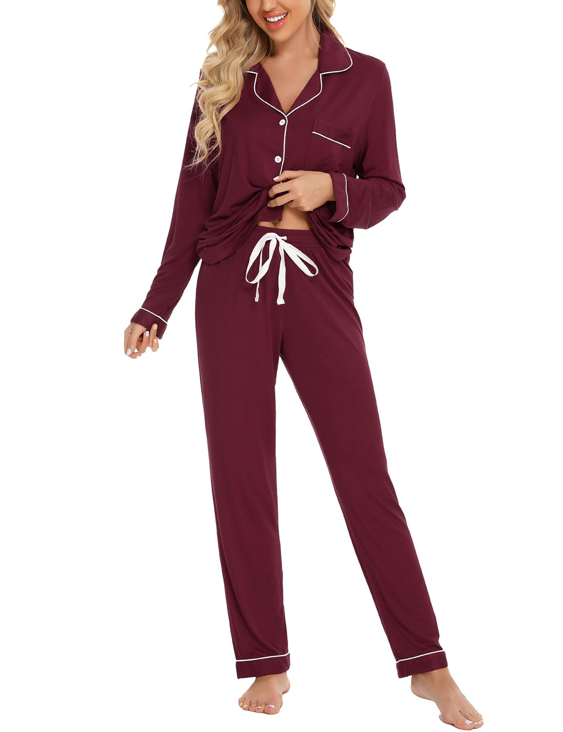 Senert Pajamas Set For Women Long Sleeve Sleepwear with Pocket Soft Button Down Shirt Long Pants Pj Lounge Sets S-XXL
