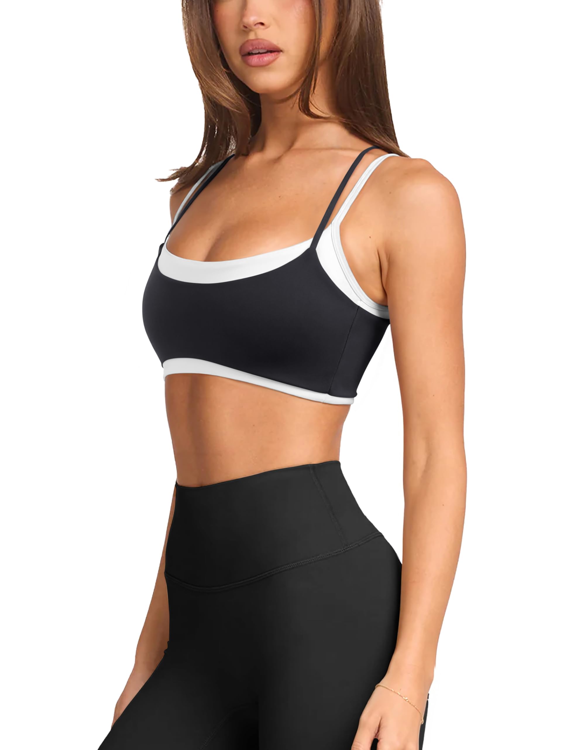 LASLULU Womens Double Layered Sports Bra Adjustable Spaghetti Straps Sexy Scoop Neck Wireless Padded Workout Yoga Crop Tops