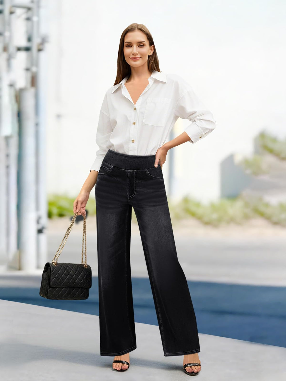 COPYLEAF Wide Leg Jeans Woman High Waisted Stretchy Baggy Sweatpant Jeans Pull On Straight Leg Loose Trendy Denim Pants