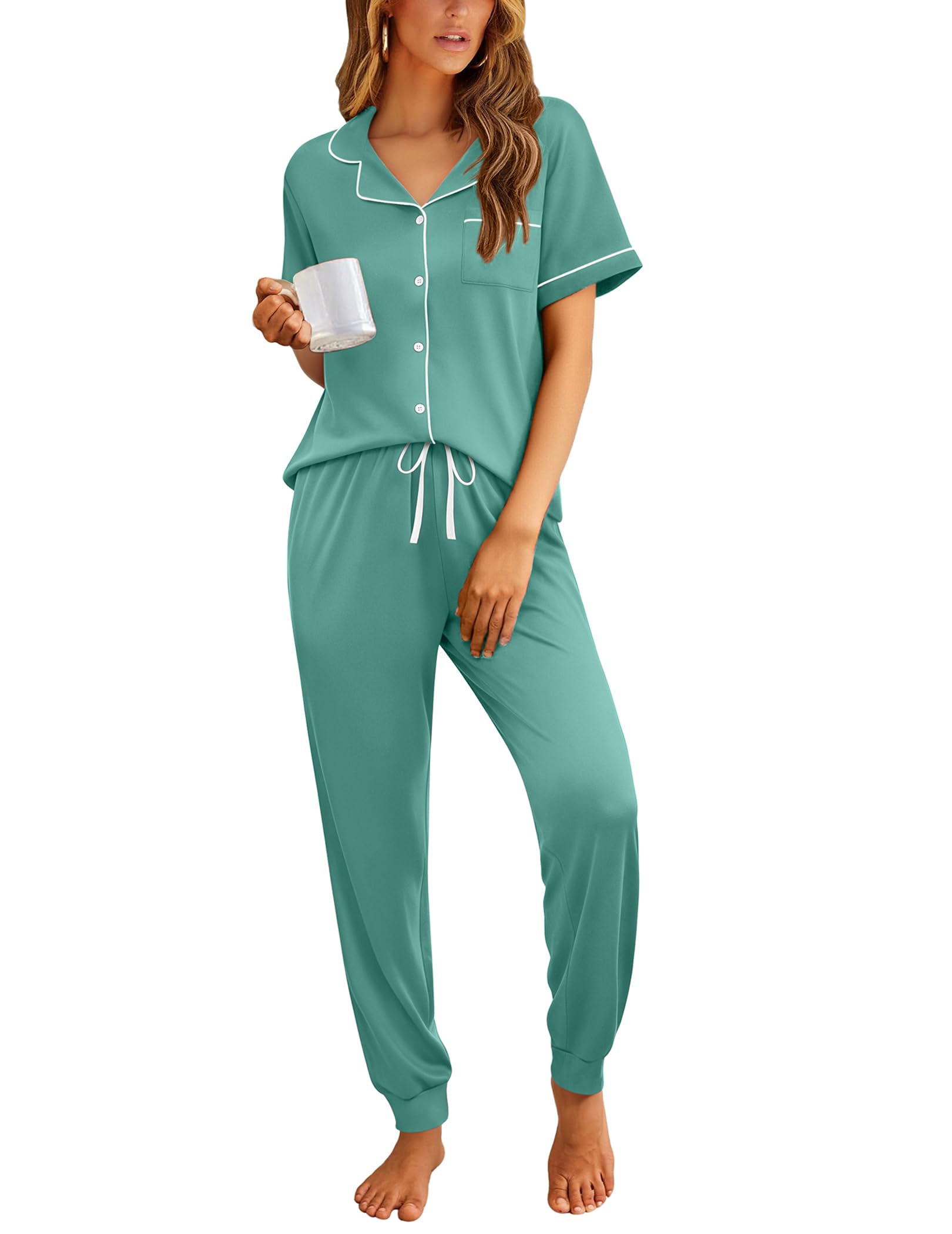 Ekouaer Women Pajama Set Short Sleeve Button Down Pjs with Jogger Pants