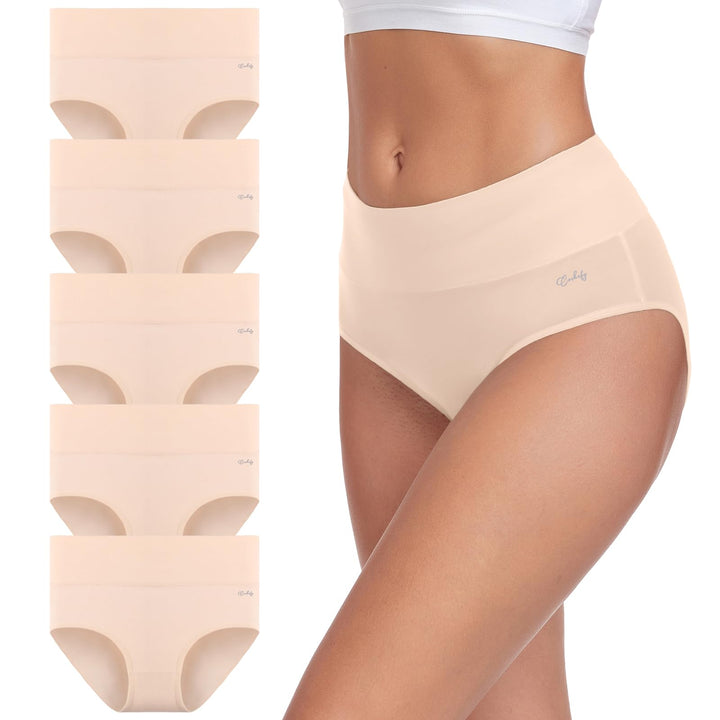 coskefy Women's High Waisted Cotton Underwear Soft Breathable Panties Stretch Briefs Ladies Panties 5 Pack