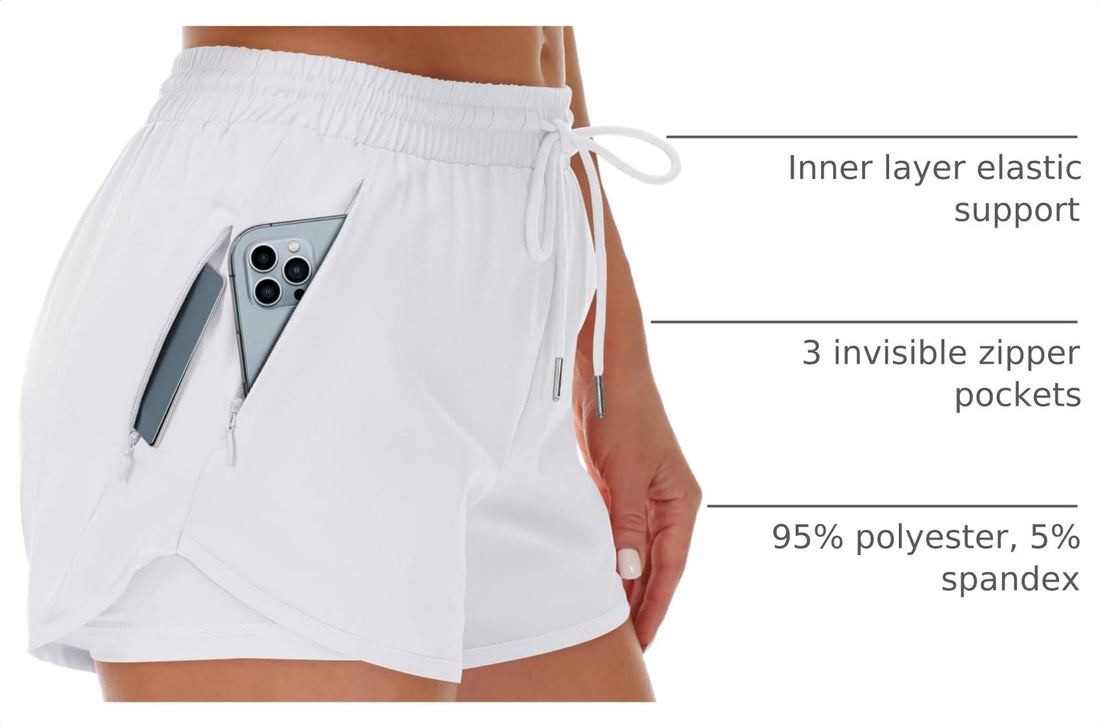 Mancreda Women's Running Shorts with Liner 3 Zipper Pockets Elastic Workout Athletic Gym Yoga Shorts
