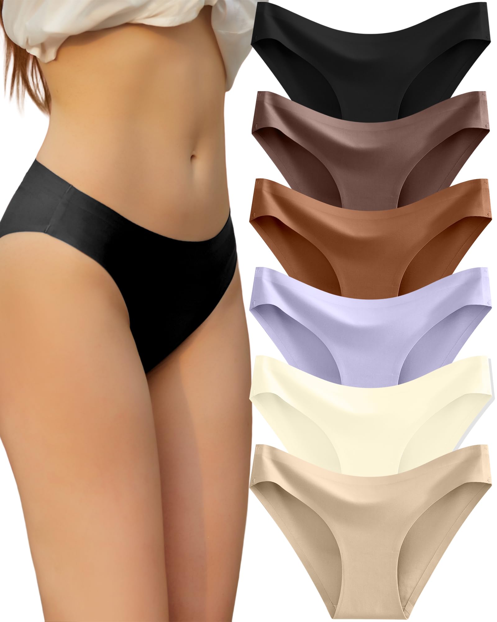 FINETOO 6 Pack Women’s Seamless Hipster Underwear No Show Panties Invisibles Briefs Soft Stretch Bikini Underwears XS-XL
