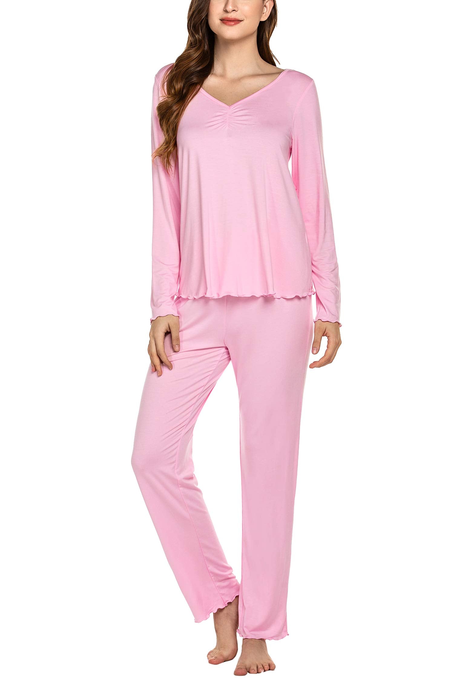Ekouaer Pajamas for Women Set Long Sleeve Pleated Top and Pants Loungewear