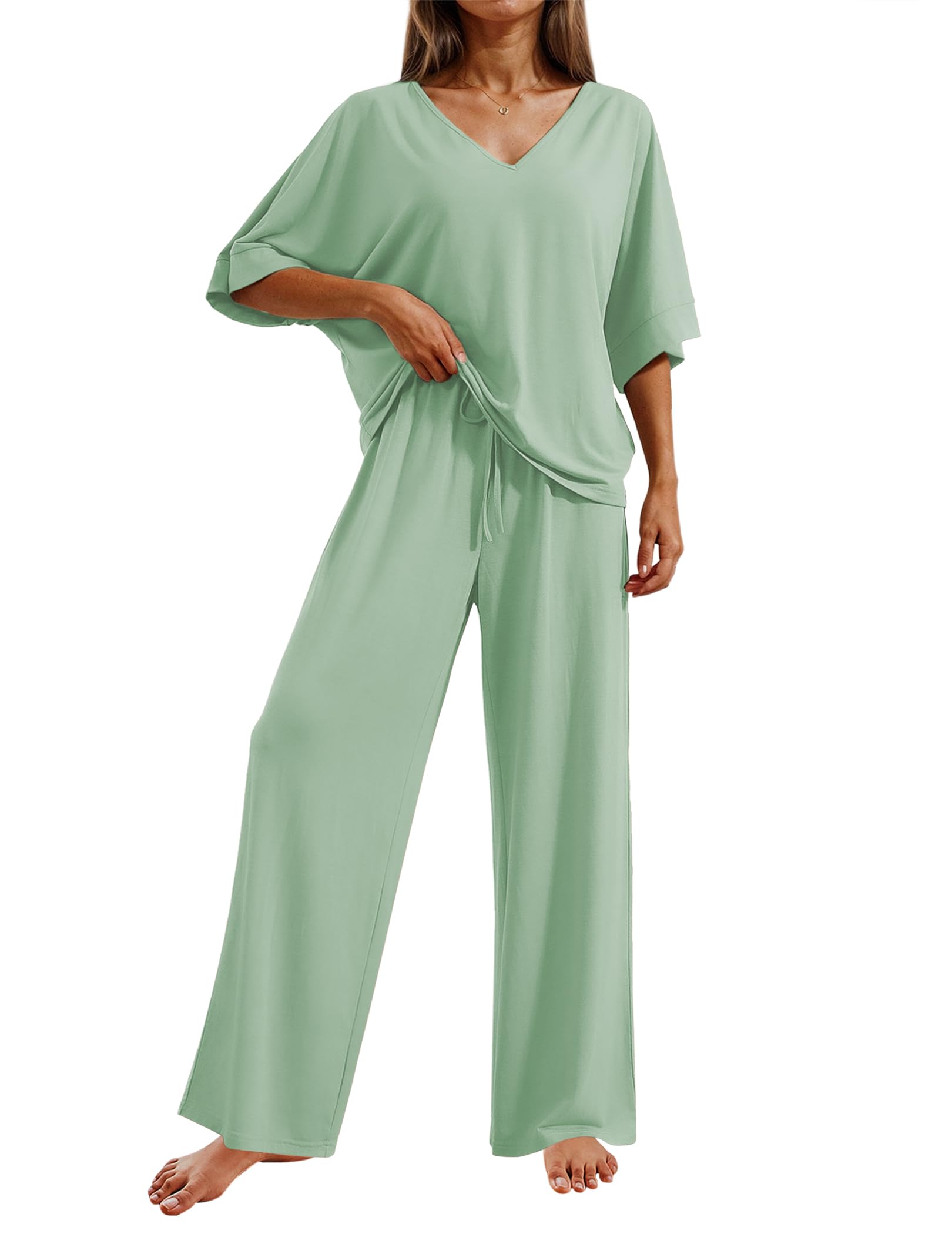Ekouaer Pajama Sets Womens 2 Piece Short Sleeve Long Pants Pjs Lounge Set