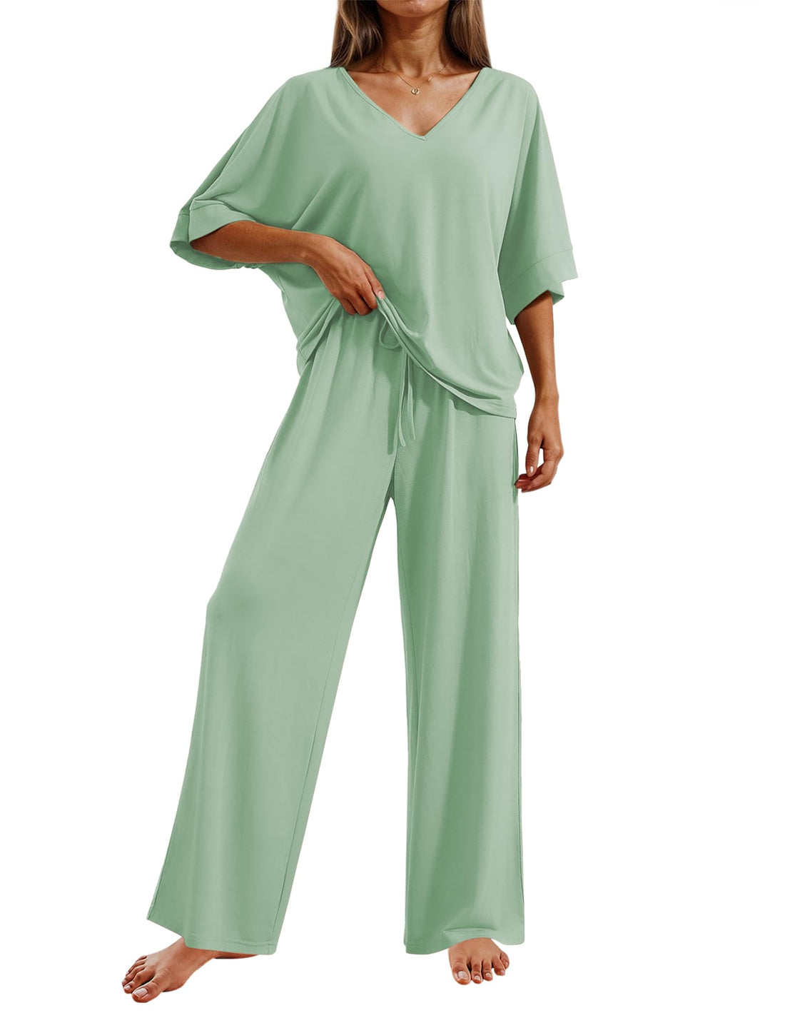 Ekouaer Pajama Sets Womens 2 Piece Short Sleeve Long Pants Pjs Lounge Set