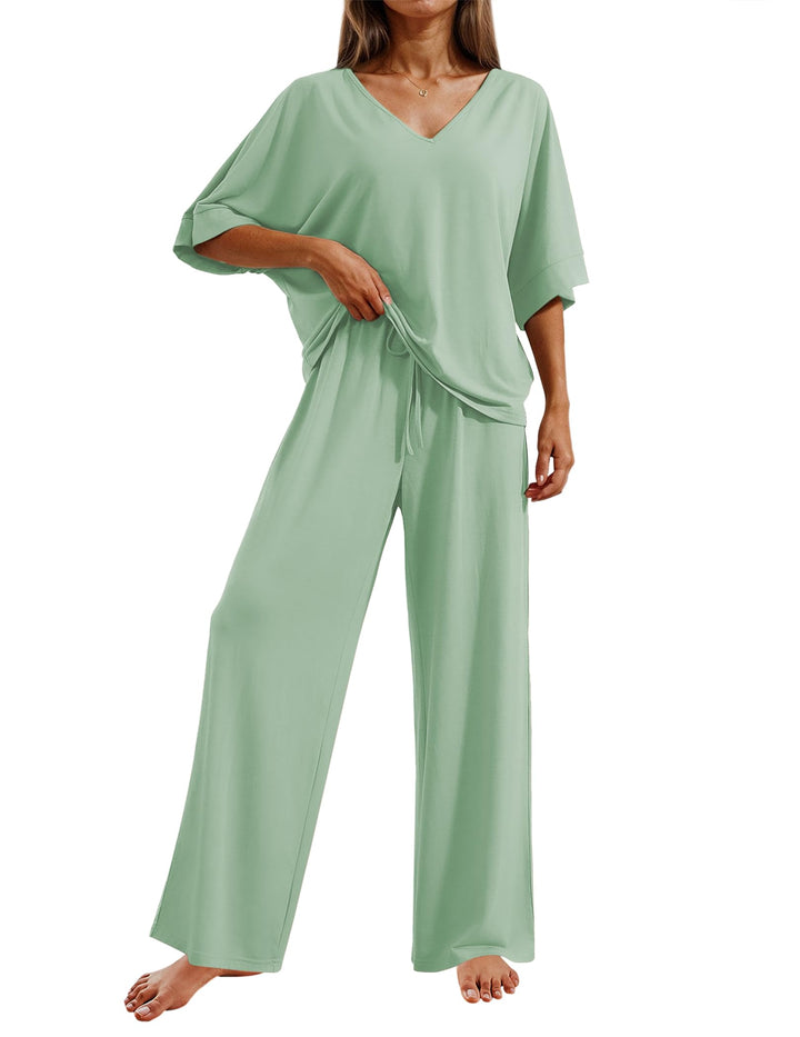 Ekouaer Pajama Sets Womens 2 Piece Short Sleeve Long Pants Pjs Lounge Set